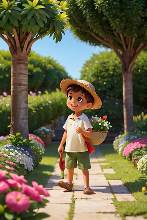pintura em estilo aquarela, onde podemos ver um jardim encantador, with a little gardener boy taking care of various plants. He is portrayed as a baby, Feito em estilo cartoon, with appropriate gardening clothes and a straw hat, O garotinho sorri enquanto rega as plantas e cuida delas com carinho, Ao fundo, there is a majestic date palm, cheia de frutos maduros e suculentos. Poderia ter alguns passarinhos voando. O menininho segura uma cesta cheia desses frutos, que ele colheu com orgulho. The image is made in watercolor, com cores vibrantes e suaves, conveying a sense of tranquility and harmony. The plants have bright colors coming from the flowers around the garden, the different varieties of plants that the boy is taking care of and even some friendly animals that are nearby, like butterflies or birds. The boy is cheerful while holding the basket full of fruits. The ripe fruits of the date palm and how they add a touch of color and abundance to the garden. Use the watercolor technique used to create the image, highlighting the soft brushstrokes and translucent colors that bring the scene to life.