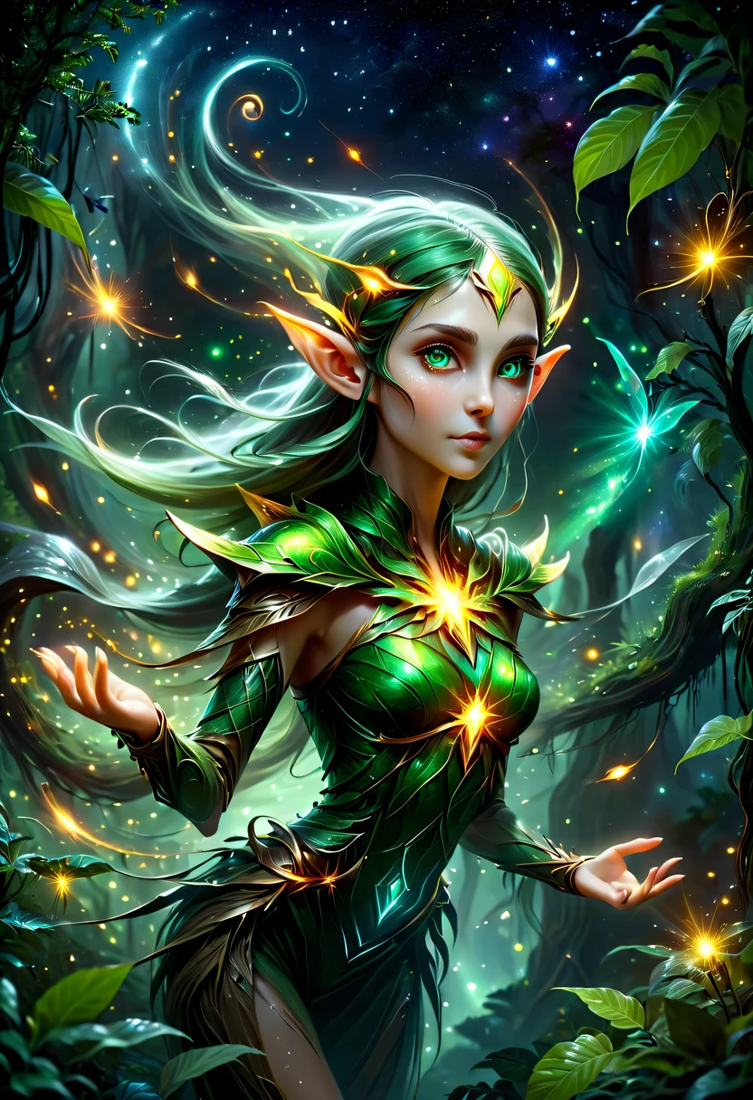 hyper detailed masterpiece, Dynamic, good quality,Floating Elf Portrait DonMW15pXL ，Female elf in the jungle，starlight，firefly，