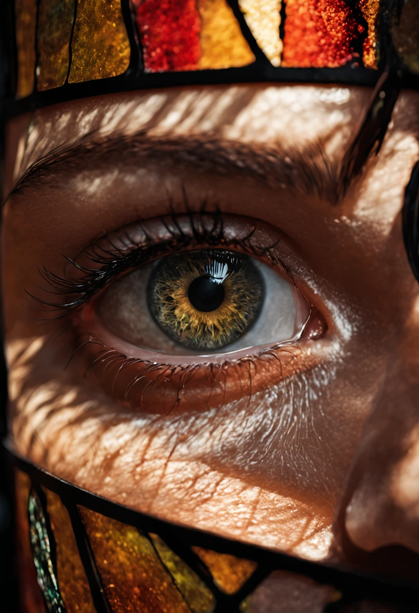 RAW photo, beautiful eyes, macro shot, masterpiece, peeking from behind stained glass, colorful details, award winning, high detailed, 8k, natural lighting, analog film, detailed skin, amazing composition, intricate details, subsurface scattering, velus hairs, amazing textures, filmic, chiaroscuro, soft light