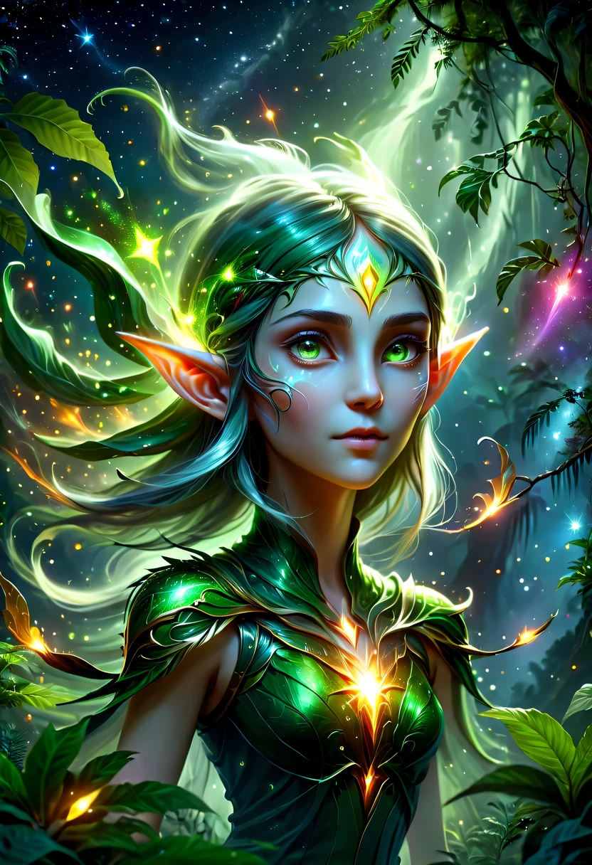 hyper detailed masterpiece, Dynamic, good quality,Floating Elf Portrait DonMW15pXL ，Female elf in the jungle，starlight，firefly，