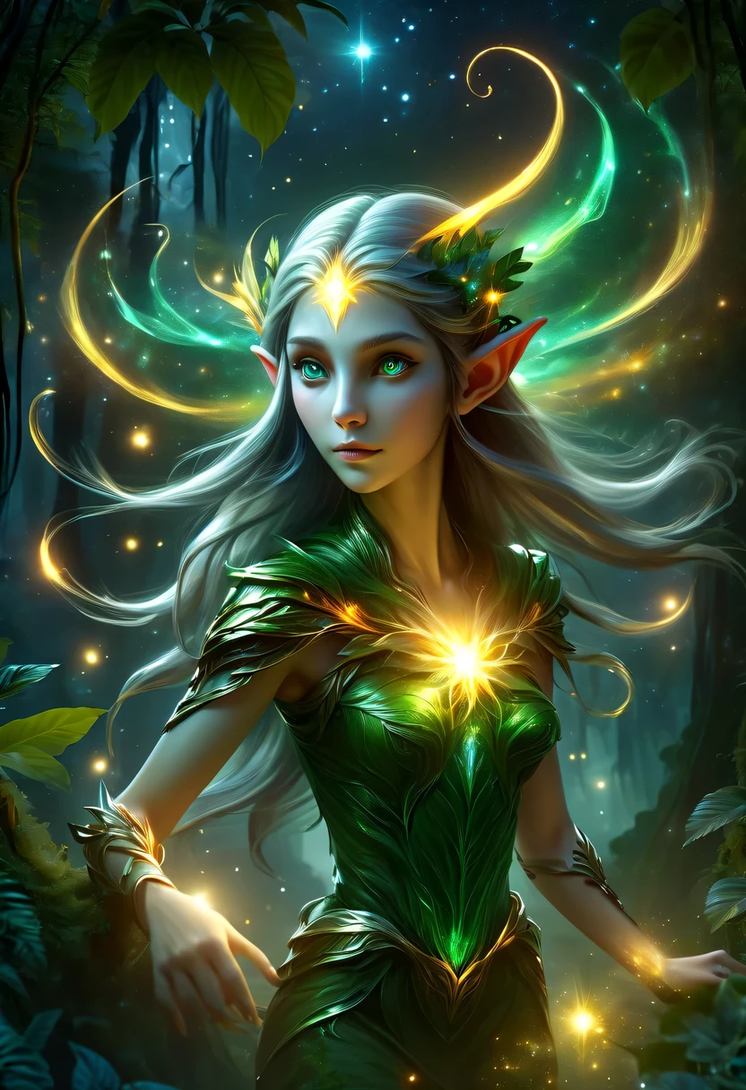 hyper detailed masterpiece, Dynamic, good quality,Floating Elf Portrait DonMW15pXL ,Female elf in the jungle,starlight,firefly,