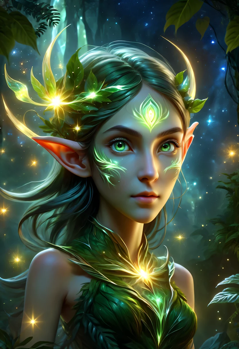 hyper detailed masterpiece, Dynamic, good quality,Floating Elf Portrait DonMW15pXL ,Female elf in the jungle,starlight,firefly,