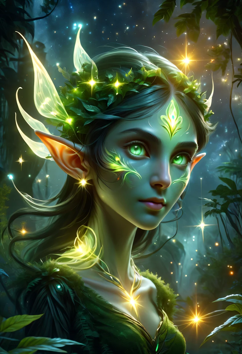 hyper detailed masterpiece, Dynamic, good quality,Floating Elf Portrait DonMW15pXL ,Female elf in the jungle,starlight,firefly,