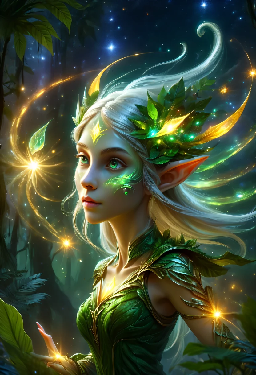 hyper detailed masterpiece, Dynamic, good quality,Floating Elf Portrait DonMW15pXL ,Female elf in the jungle,starlight,firefly,