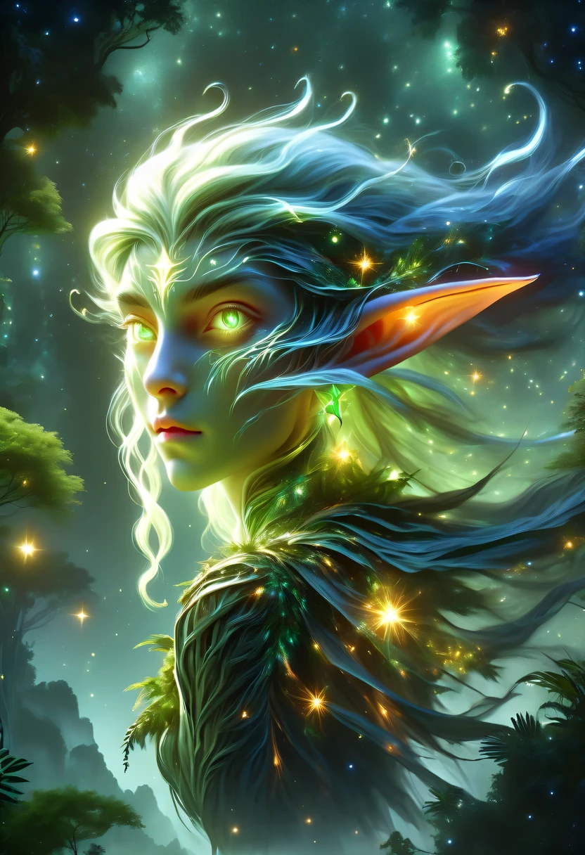 hyper detailed masterpiece, Dynamic, good quality,Floating Elf Portrait DonMW15pXL ，Female elf in the jungle，starlight，firefly，