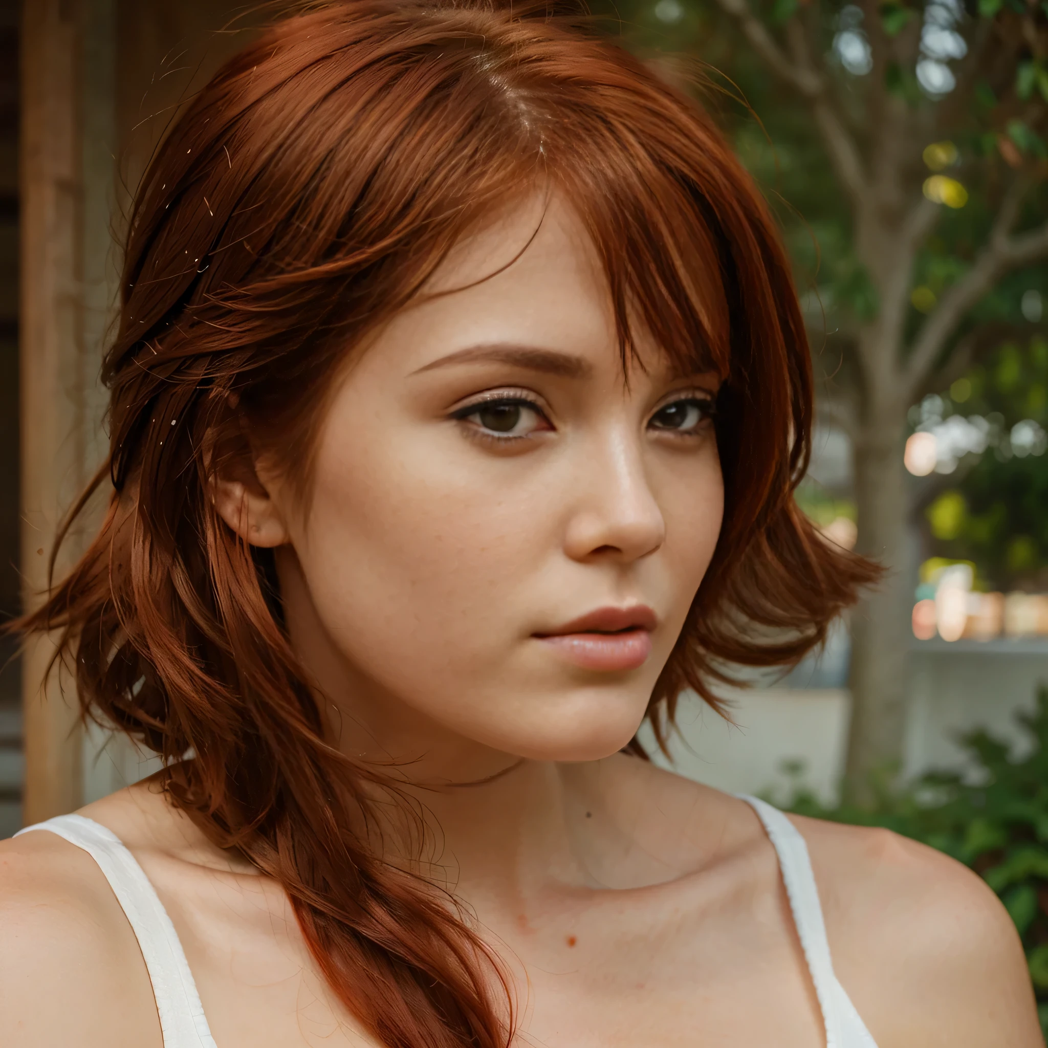 create a photo realistic female face looking like a 20 year old with red hair, do in front view and profile view