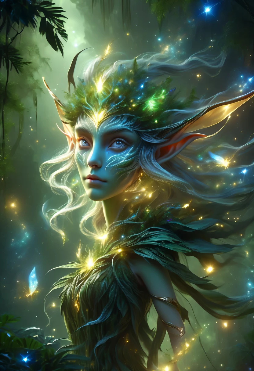 hyper detailed masterpiece, Dynamic, good quality,Floating Elf Portrait DonMW15pXL ,Female elf in the jungle,starlight,firefly,