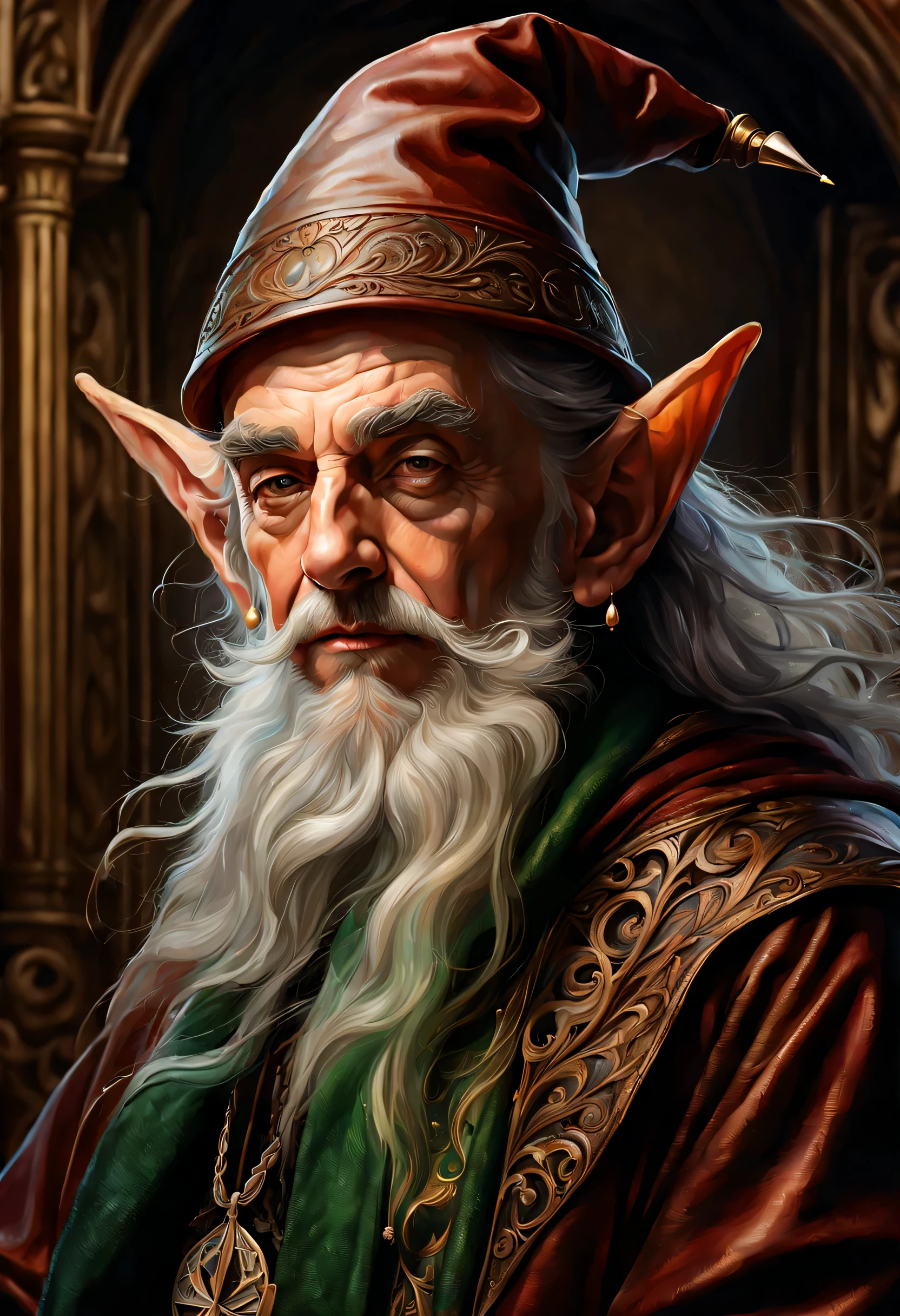 old man elf wizard of portraits, perfect balance of form and function, sharp gaze eyes, hold a wood cane, wizard hat, baroque robe, blessing light gain, stunning elf ears and earrings, fantasy wolf of picture frame, RGB lighting dances across the sleek lines and intricate components, (((intricate detail matte paint of super illustration:1.3))), creating visual masterpiece will take breath away, fine detail brush stroke of pencil, Get ready to be amazed coloring, stunning fine details and delicate mesmerizing renderings, very own custom designed, tonal contrast, natural lighting, occultism cinematic still like, inside the temple of detail dark fantasy, correct and punctuality brush stroke, highly quality, accurate and polite crossover layer, oil paint coloring, gel ink coloring, grunge, gouache coloring,