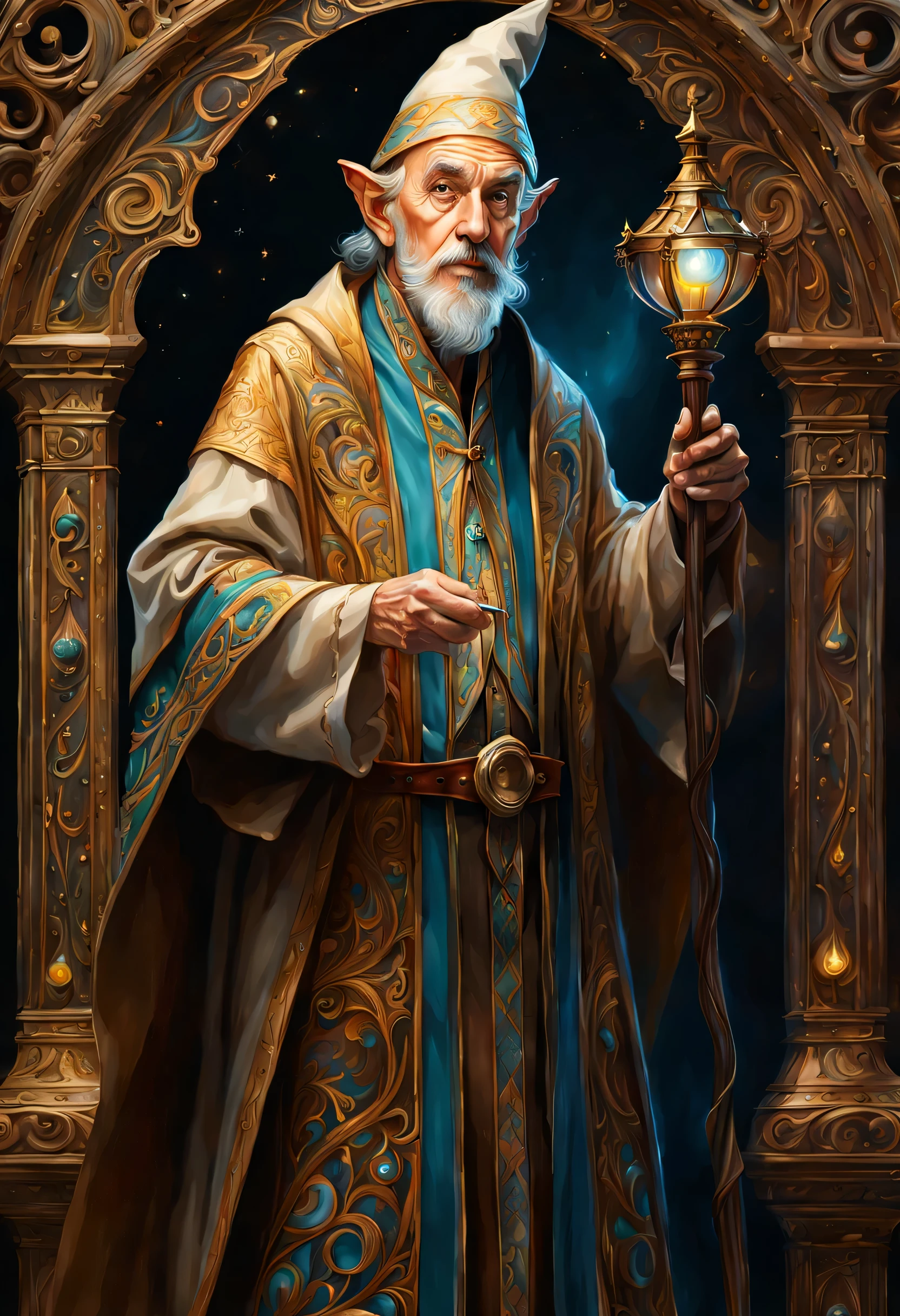 old man elf wizard of portraits, perfect balance of form and function, sharp gaze eyes, hold a wood cane, wizard hat, baroque robe, blessing light gain, stunning elf ears and earrings, fantasy wolf of picture frame, RGB lighting dances across the sleek lines and intricate components, (((intricate detail matte paint of super illustration:1.3))), creating visual masterpiece will take breath away, fine detail brush stroke of pencil, Get ready to be amazed coloring, stunning fine details and delicate mesmerizing renderings, very own custom designed, tonal contrast, natural lighting, occultism cinematic still like, inside the temple of detail dark fantasy, correct and punctuality brush stroke, highly quality, accurate and polite crossover layer, oil paint coloring, gel ink coloring, grunge, gouache coloring,