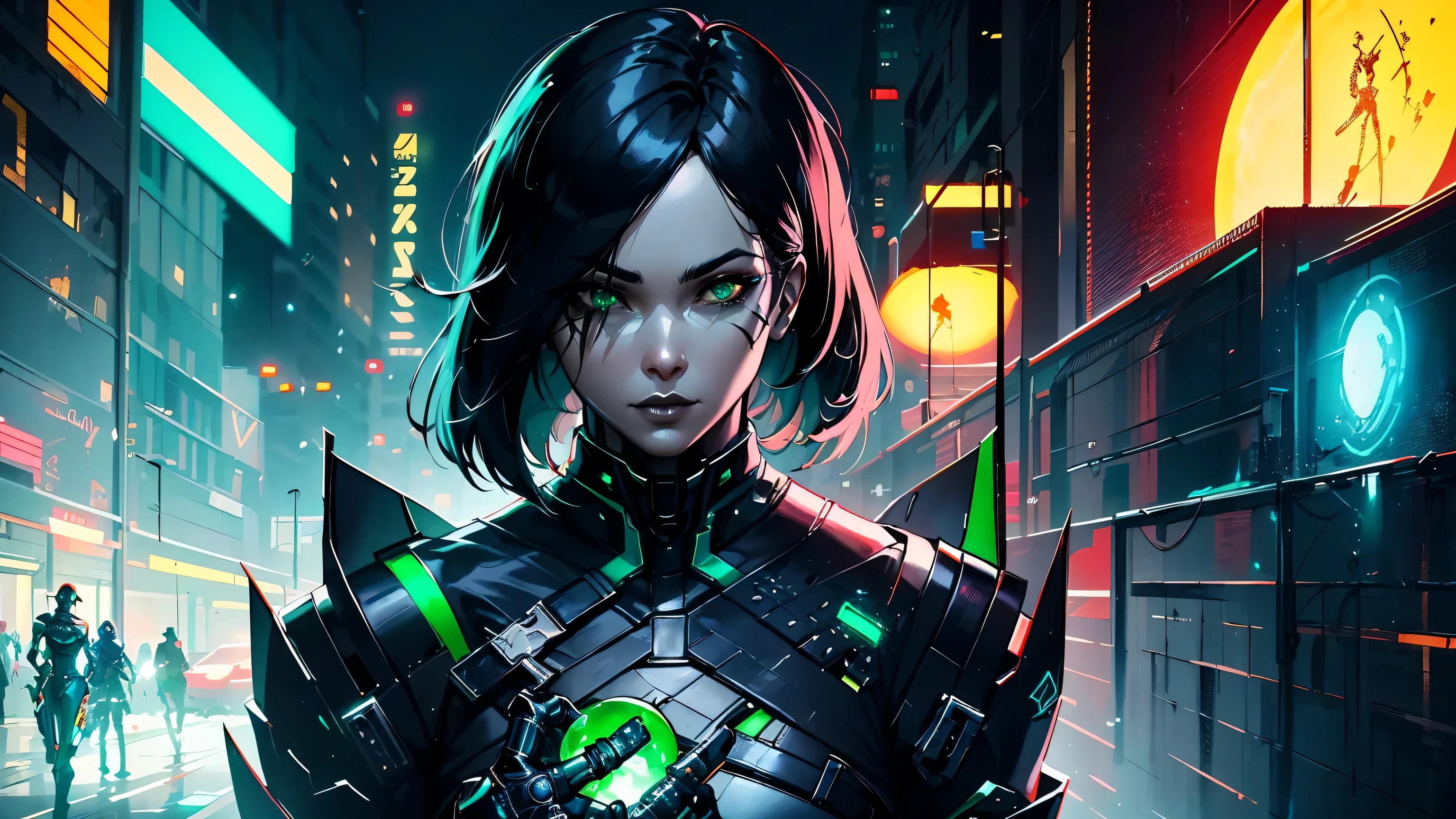 arafed image of a woman with a green orb in her hand, katana zero video game character, villainess, dark cyberpunk illustration, epic sci-fi character art, epic sci - fi character art, character splash art, artgerm julie bell beeple, cyberpunk assassin, holy cyborg necromancer girl, jet black haired cyberpunk girl