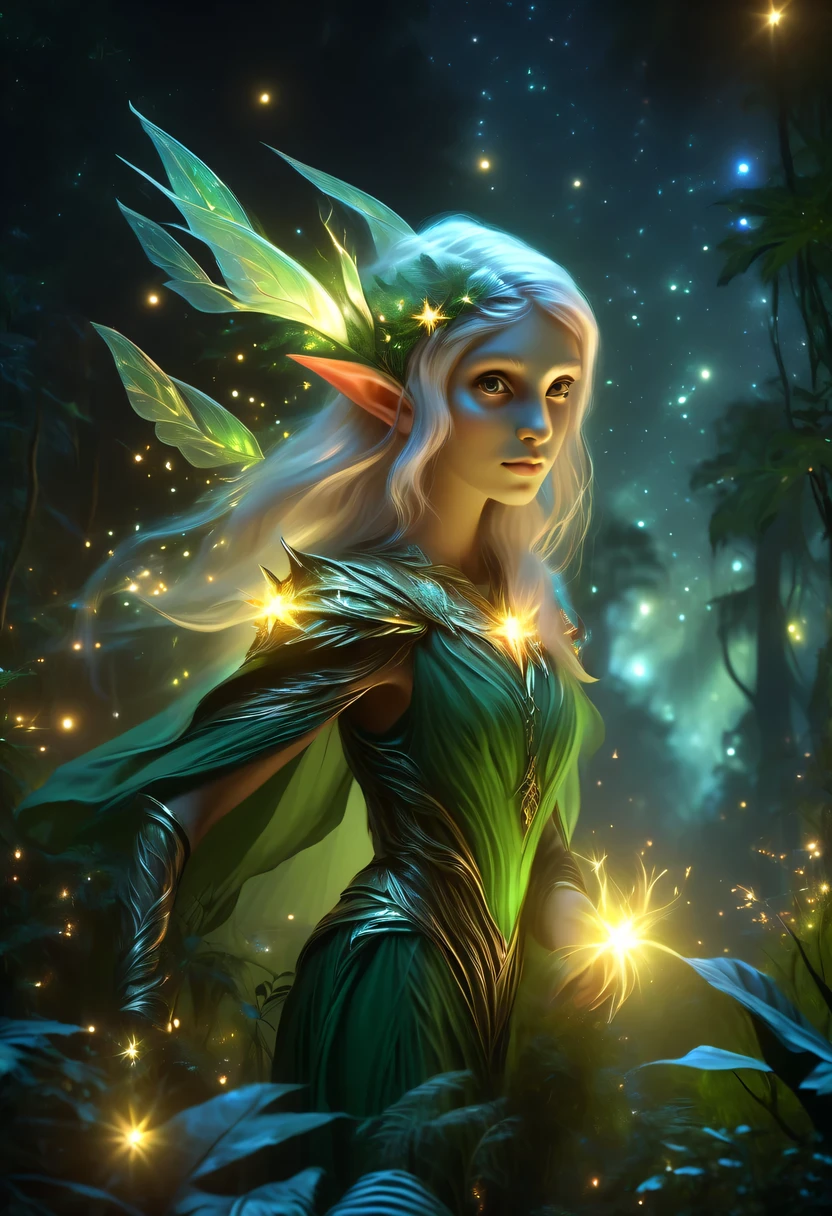 Elf portrait，Female elf in the jungle，starlight，firefly，