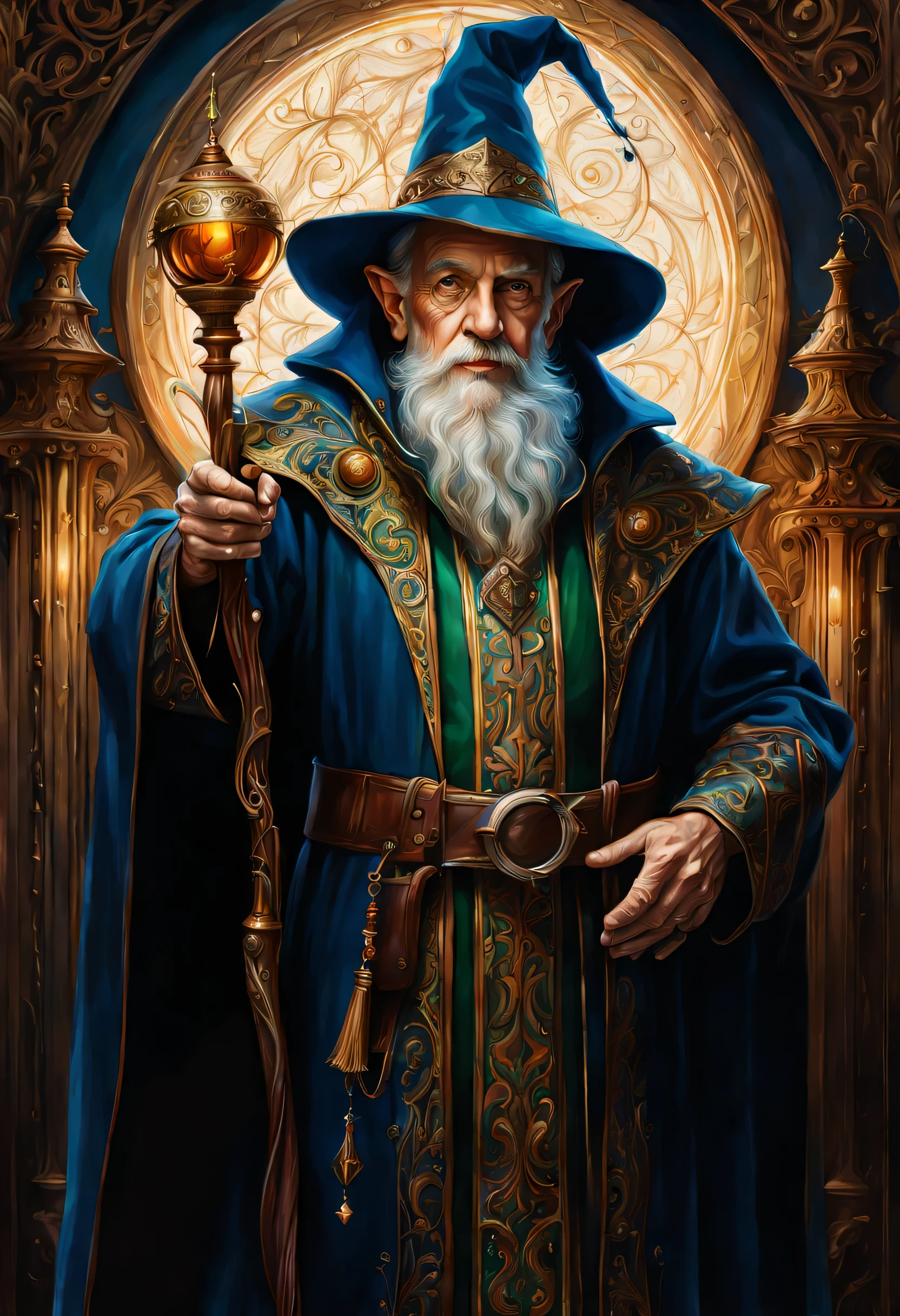 old man elf wizard of portraits, perfect balance of form and function, sharp gaze eyes, hold a wood cane, wizard hat, baroque robe, blessing light gain, stunning elf ears and earrings, fantasy wolf of picture frame, RGB lighting dances across the sleek lines and intricate components, (((intricate detail matte paint of super illustration:1.3))), creating visual masterpiece will take breath away, fine detail brush stroke of pencil, Get ready to be amazed coloring, stunning fine details and delicate mesmerizing renderings, very own custom designed, tonal contrast, natural lighting, occultism cinematic still like, inside the temple of detail dark fantasy, correct and punctuality brush stroke, highly quality, accurate and polite crossover layer, oil paint coloring, gel ink coloring, grunge, gouache coloring,