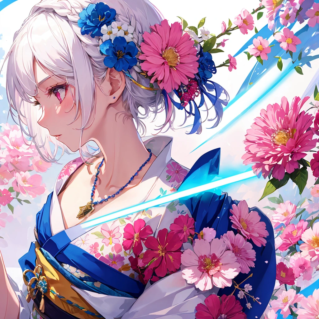 1 girl, solo, short hair, hair ornament, jewelry, kimono, upper body, flower, white hair, hair flower, necklace, side view, profile, pink flower, blue flower, abstract, sword, lightsaber