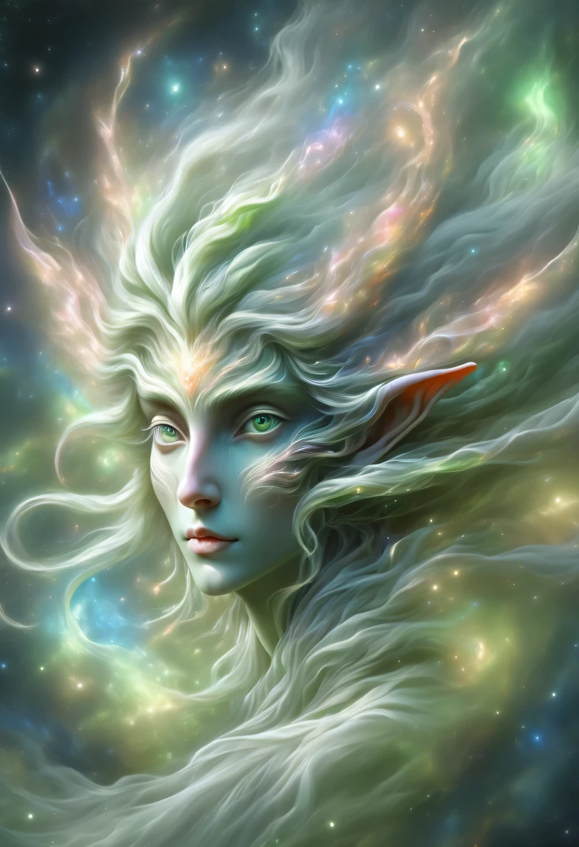 hyper detailed masterpiece, Dynamic, good quality,Floating oversized ethereal portrait DonMW15pXL ,Elf portrait