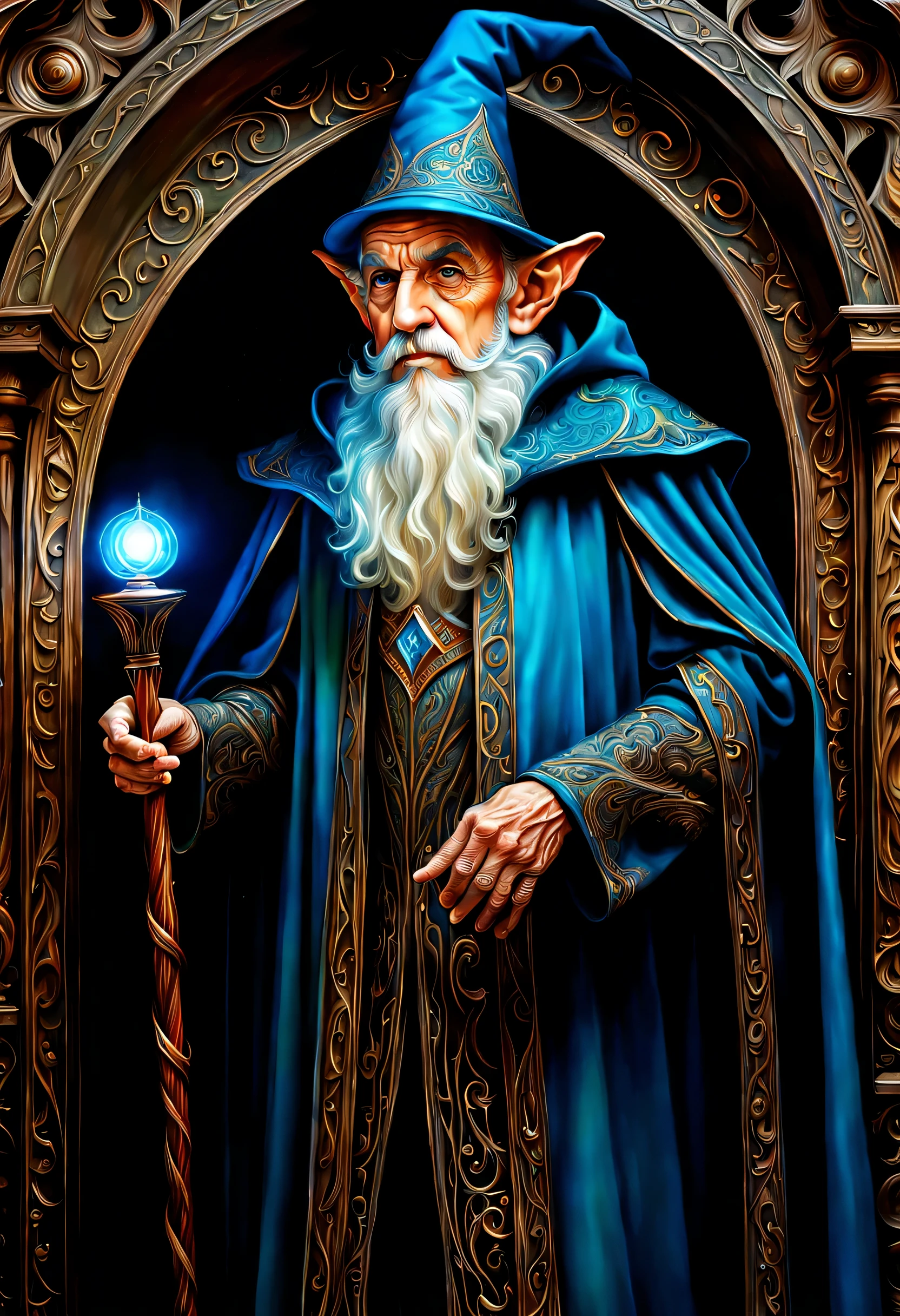 old man elf wizard of portraits, perfect balance of form and function, sharp gaze eyes, hold a wood cane, wizard hat, baroque robe, blessing light gain, stunning elf ears and earrings, fantasy wolf of picture frame, RGB lighting dances across the sleek lines and intricate components, (((intricate detail matte paint of super illustration:1.3))), creating visual masterpiece will take breath away, fine detail brush stroke of pencil, Get ready to be amazed coloring, stunning fine details and delicate mesmerizing renderings, very own custom designed, tonal contrast, natural lighting, occultism cinematic still like, inside the temple of detail dark fantasy, correct and punctuality brush stroke, highly quality, accurate and polite crossover layer, oil paint coloring, gel ink coloring, grunge, gouache coloring,