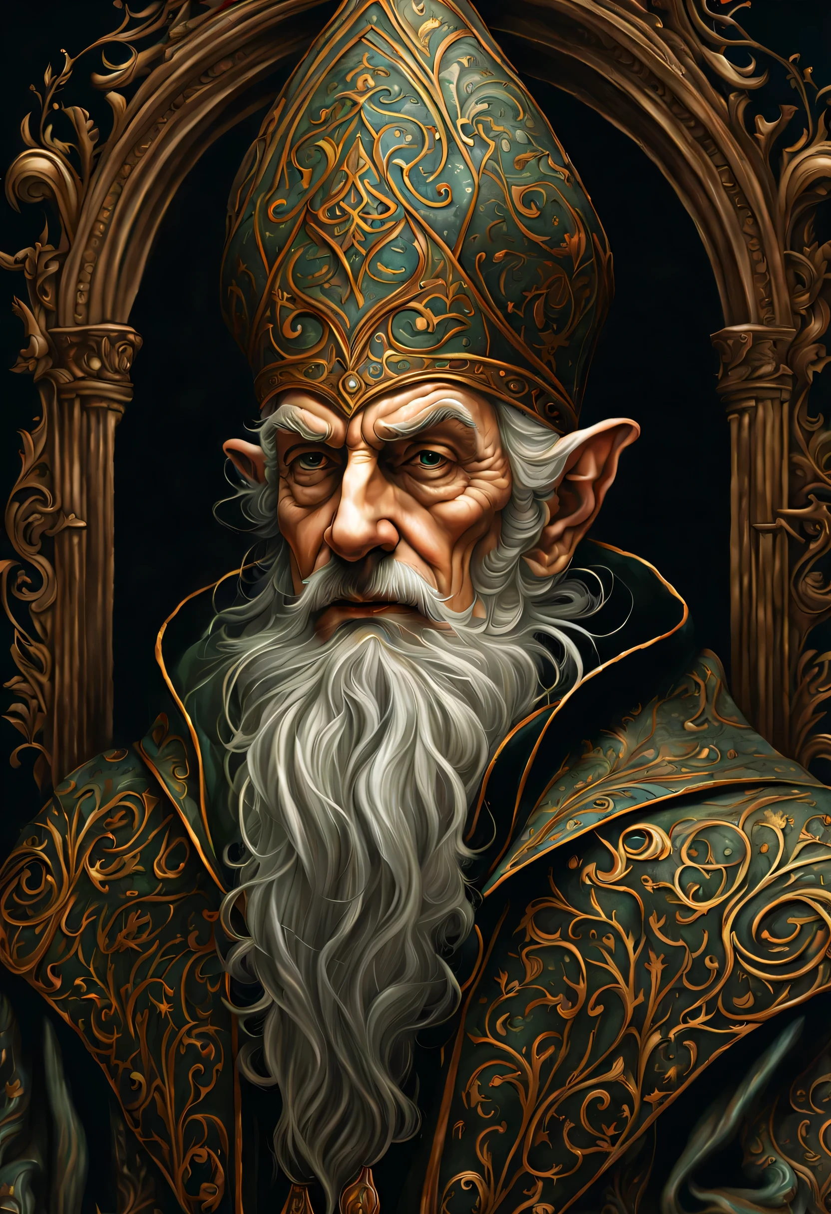 old man elf wizard of portraits, perfect balance of form and function, sharp gaze eyes, hold a wood cane, wizard hat, baroque robe, blessing light gain, stunning elf ears and earrings, fantasy wolf of picture frame, RGB lighting dances across the sleek lines and intricate components, (((intricate detail matte paint of super illustration:1.3))), creating visual masterpiece will take breath away, fine detail brush stroke of pencil, Get ready to be amazed coloring, stunning fine details and delicate mesmerizing renderings, very own custom designed, tonal contrast, natural lighting, occultism cinematic still like, inside the temple of detail dark fantasy, correct and punctuality brush stroke, highly quality, accurate and polite crossover layer, oil paint coloring, gel ink coloring, grunge, gouache coloring,