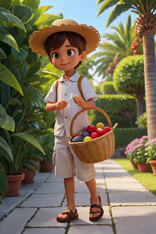 pintura em estilo aquarela, onde podemos ver um jardim encantador, with a little gardener boy taking care of various plants. He is portrayed as a baby, Feito em estilo cartoon, with appropriate gardening clothes and a straw hat, O garotinho sorri enquanto cuida das plantas com carinho, Ao fundo, there are several majestic date palm trees, cheia de frutos maduros e suculentos, O menininho segura uma cesta cheia desses frutos, que ele colheu com orgulho, o menino esta num caminho, The image is made in watercolor, com cores vibrantes e suaves, conveying a sense of tranquility and harmony, The plants have bright colors coming from the flowers around the garden, the different varieties of plants that the boy is taking care of and even some friendly animals that are nearby, like butterflies or birds. The boy is cheerful while holding the basket full of fruits, The ripe fruits of the date palm and how they add a touch of color and abundance to the garden, Use the watercolor technique used to create the image, highlighting the soft brushstrokes and translucent colors that bring the scene to life.