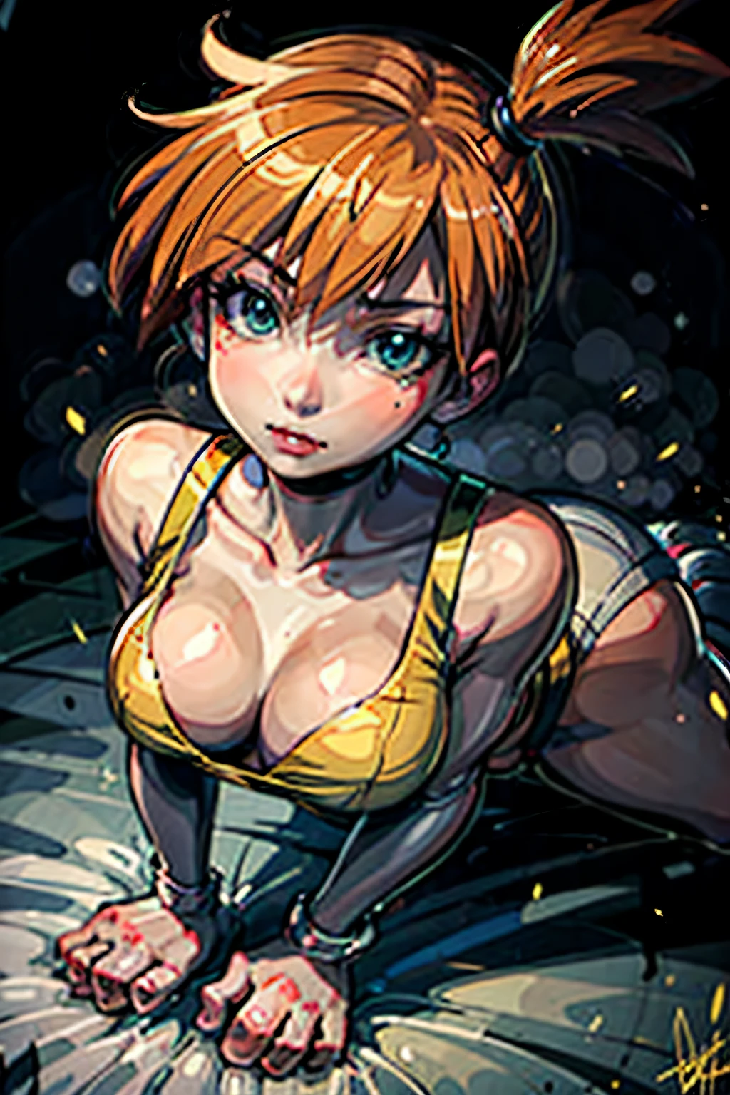 Generiere ein Bild von Misty aus dem Pokemon-Anime, in which she looks seductive and fascinating. Sie ist jetzt Team Rocken mitglied 