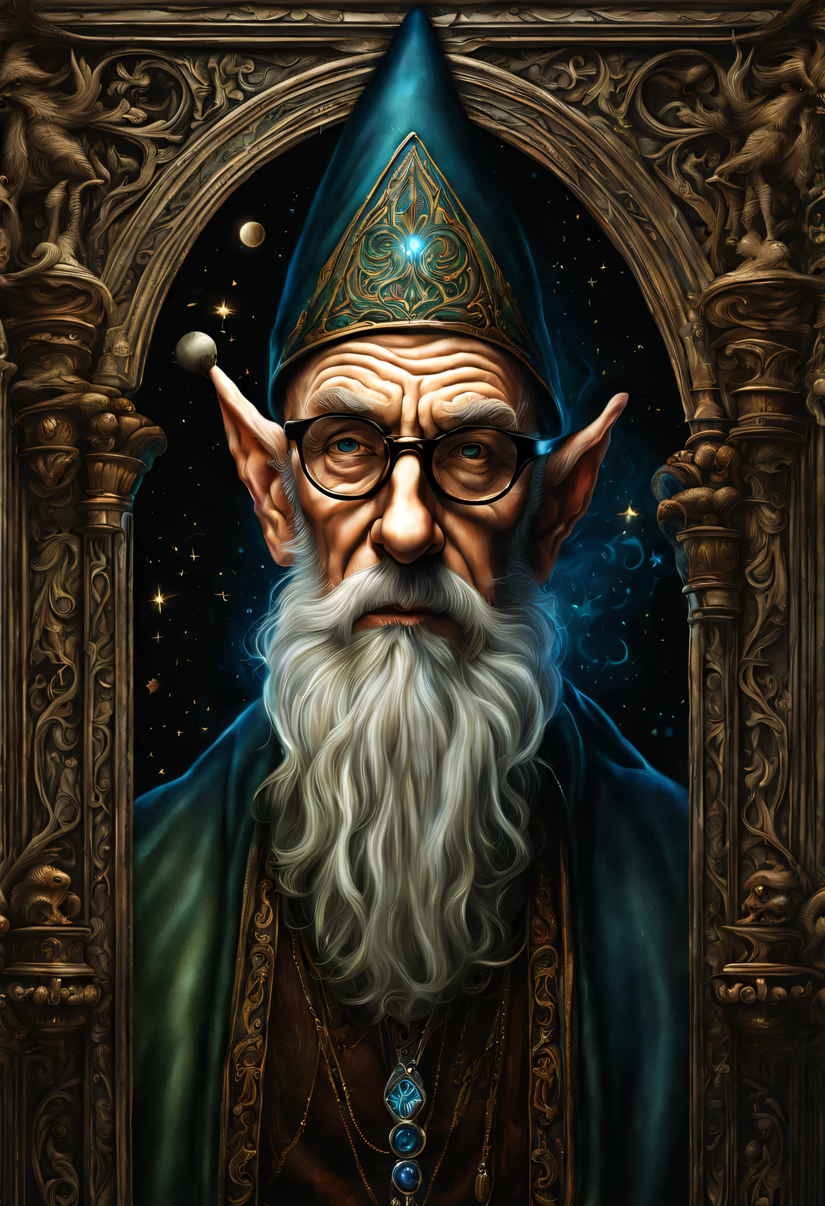 old man elf wizard of portraits, perfect balance of form and function, sharp gaze eyes, hold a wood cane, wizard hat, baroque robe, blessing light gain, stunning elf ears and earrings, fantasy wolf of picture frame, RGB lighting dances across the sleek lines and intricate components, (((intricate detail matte paint of super illustration:1.3))), creating visual masterpiece will take breath away, fine detail brush stroke of pencil, Get ready to be amazed coloring, stunning fine details and delicate mesmerizing renderings, very own custom designed, tonal contrast, natural lighting, occultism cinematic still like, inside the temple of detail dark fantasy, correct and punctuality brush stroke, highly quality, accurate and polite crossover layer, oil paint coloring, gel ink coloring, grunge, gouache coloring,