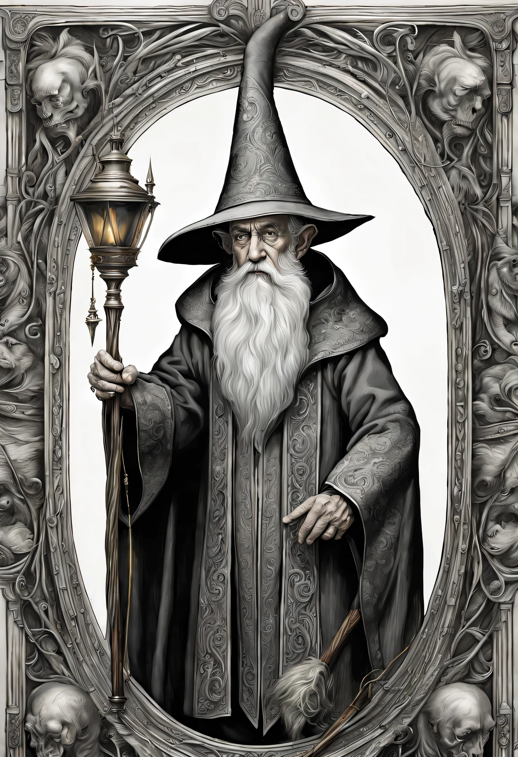 old man elf wizard of portraits, perfect balance of form and function, sharp gaze eyes, hold a wood cane, wizard hat, baroque robe, blessing light gain, stunning elf ears and earrings, fantasy wolf of picture frame, RGB lighting dances across the sleek lines and intricate components, (((intricate detail matte paint of super illustration:1.3))), creating visual masterpiece will take breath away, fine detail brush stroke of pencil, Get ready to be amazed coloring, stunning fine details and delicate mesmerizing renderings, very own custom designed, tonal contrast, natural lighting, occultism cinematic still like, inside the temple of detail dark fantasy, correct and punctuality brush stroke, highly quality, accurate and polite crossover layer, oil paint coloring, gel ink coloring, grunge, gouache coloring,