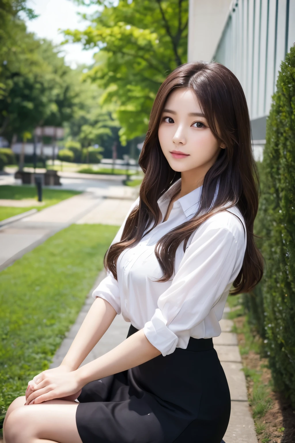 schools,Plaza,golden colored,schoolgirls,long whitr hair,the setting sun,Under the trees,chrysanthemums,wide wide shot,best qualityer,16K High Resolution。