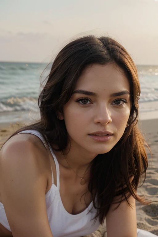 white realistic woman with dark brown hair on the beach