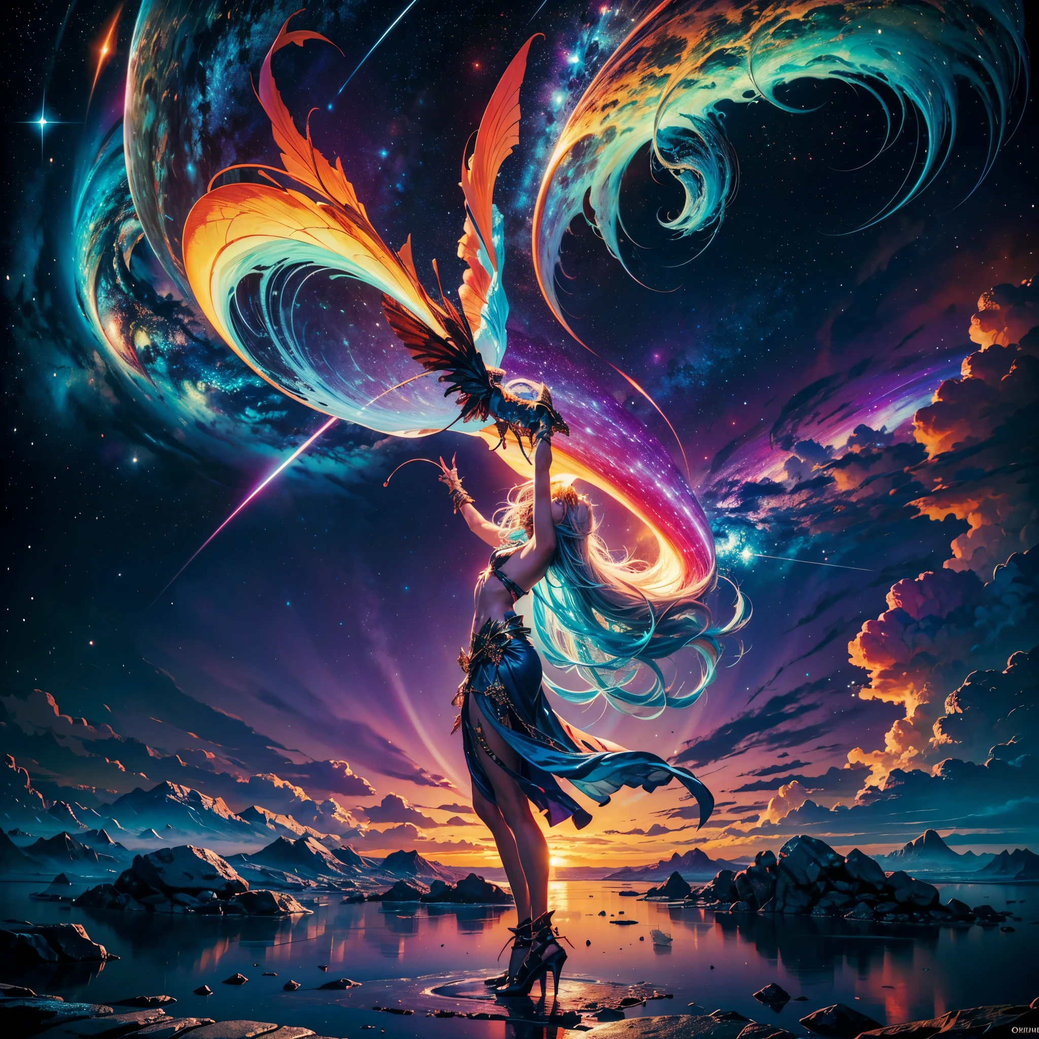 Hyper Vibrant Nebulae Octans by_Mappa Spacious Starry_sky ((🎈Sunset epic sunshine parabolic sunrise Rain_Color Colorful_liquid_on_naked_body:1.3 Colorful_body Colorful_ink_on_hair:1.2 Rainbow Abundant_colorful_liquids White_liquid fullbodye wet_Color_liquid)) In the vast expanse of the cosmos, a breathtaking image unfolds before your eyes. In the heart of a starry galaxy, vibrant nebula dance and swirl, their ethereal colors blending and intertwining. The scene is a symphony of cosmic beauty, with tendrils of interstellar dust and gas reaching out into the void. The stars shine with an otherworldly brilliance, illuminating the cosmic tapestry that stretches across the vastness of space. It is a visual feast for the senses, an awe-inspiring glimpse into the wonders of the universe. BREAK,Detailed,Realistic, highly detailed digital art,octane render, bioluminescent, BREAK,by Mappa studios,masterpiece,best quality,official art,illustration,ligne claire,(cool_color),perfect composition,absurdres, fantasy,focused,rule of thirds masterpiece meticulously intricate 🎠deep path equirectangular🎡 ultra_high-details extreme improved ultra_high-quality ultra_high-res ultra_photo-realistic optimal ultra_sharpness perfection accurate volumetric SunLight Lightning_contrast global_illumination cgi vfx sfx reflex Octane_rendered ultra_high-def UHD XT3 DSLR HDR romm rgb pbr 3dcg fxaa blu-ray vivid colors-coded anti-aliasing fkaa txaa rtx ssao opengl-shaders glsl-shaders post-processing post-production cell-shading tone-mapping ❤luminescence 😘glow 👩Heart hearth Crystalline butterfly earth invoke monarch magic fleuraison monster monstrous creature sundrop slide onyx summon transparent ruby Earth hearth bloom flash Tourmaline opal strange glow hole reflection varies multi etc. --s 1000 --c 20 --q 20 --chaos 100