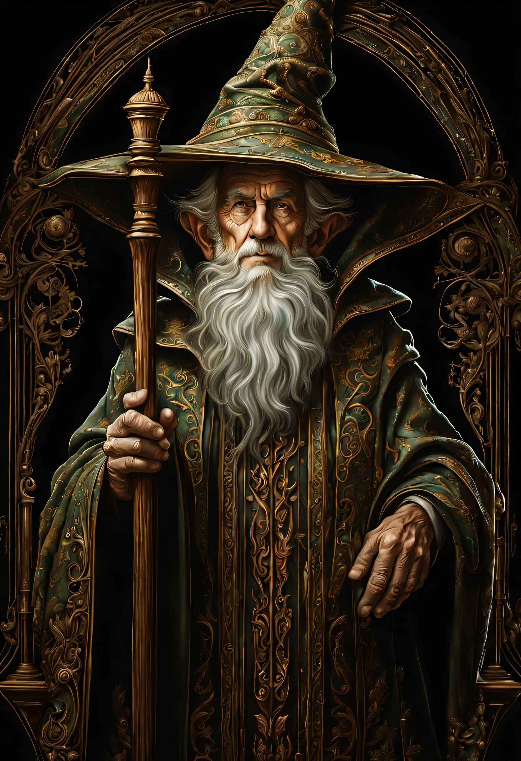 old man elf wizard of portraits, perfect balance of form and function, sharp gaze eyes, hold a wood cane, wizard hat, baroque robe, blessing light gain, stunning elf ears and earrings, fantasy wolf of picture frame, RGB lighting dances across the sleek lines and intricate components, (((intricate detail matte paint of super illustration:1.3))), creating visual masterpiece will take breath away, fine detail brush stroke of pencil, Get ready to be amazed coloring, stunning fine details and delicate mesmerizing renderings, very own custom designed, tonal contrast, natural lighting, occultism cinematic still like, inside the temple of detail dark fantasy, correct and punctuality brush stroke, highly quality, accurate and polite crossover layer, oil paint coloring, gel ink coloring, grunge, gouache coloring,