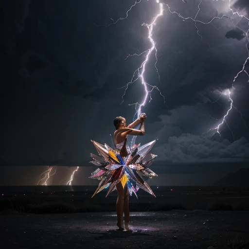 10 Round crystal prisms with people trying to balance on the with lightning in the back ground 
