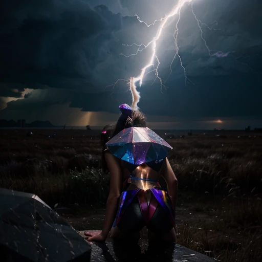 10 Round crystal prisms with people trying to balance on the with lightning in the back ground
