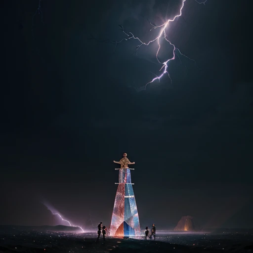 10 Round crystal prisms with people trying to balance on the with lightning in the back ground