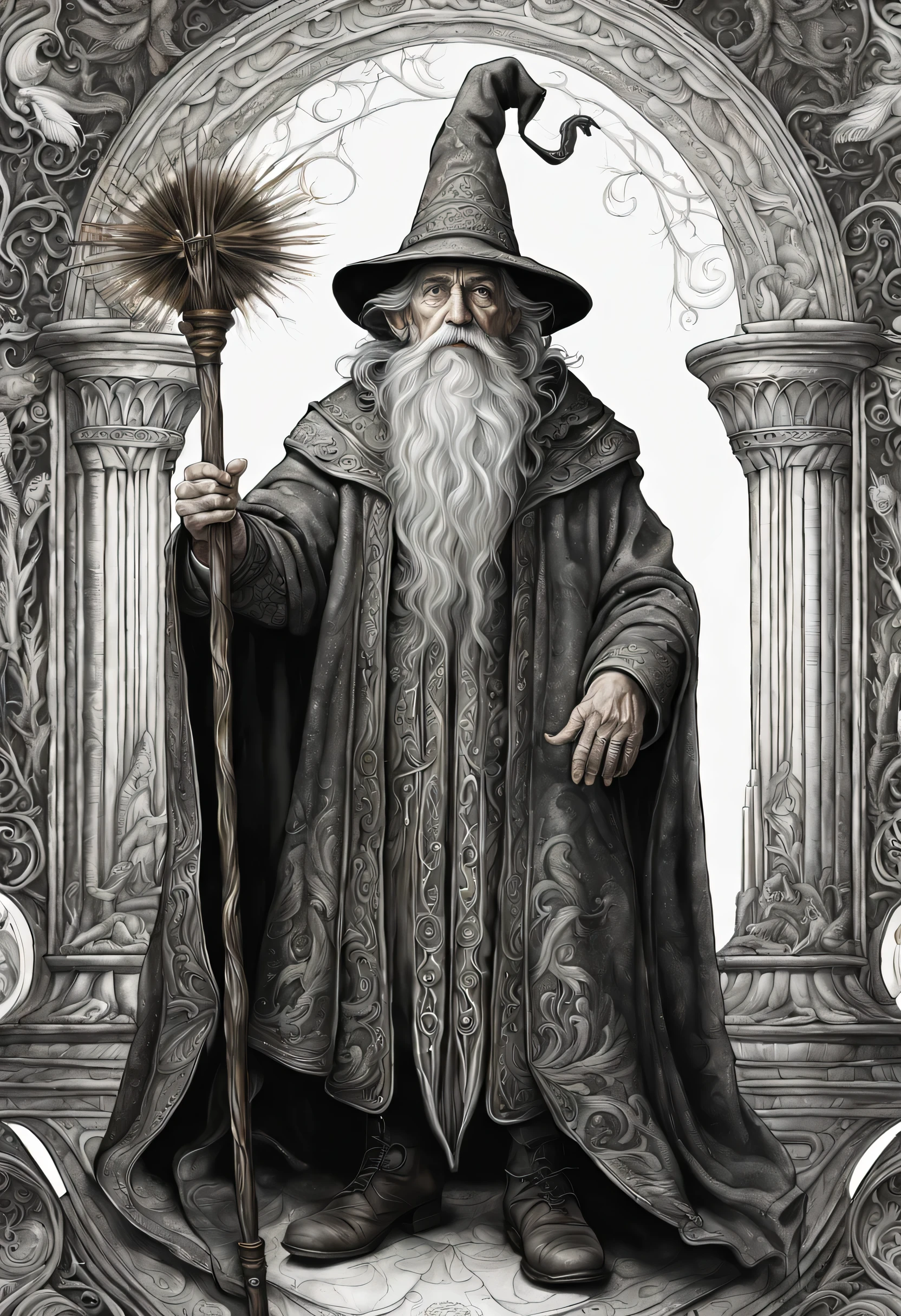 old man elf wizard of portraits, perfect balance of form and function, sharp gaze eyes, hold a wood cane, wizard hat, baroque robe, blessing light gain, stunning elf ears and earrings, fantasy wolf of picture frame, RGB lighting dances across the sleek lines and intricate components, (((intricate detail matte paint of super illustration:1.3))), creating visual masterpiece will take breath away, fine detail brush stroke of pencil, Get ready to be amazed coloring, stunning fine details and delicate mesmerizing renderings, very own custom designed, tonal contrast, natural lighting, occultism cinematic still like, inside the temple of detail dark fantasy, correct and punctuality brush stroke, highly quality, accurate and polite crossover layer, oil paint coloring, gel ink coloring, grunge, gouache coloring,