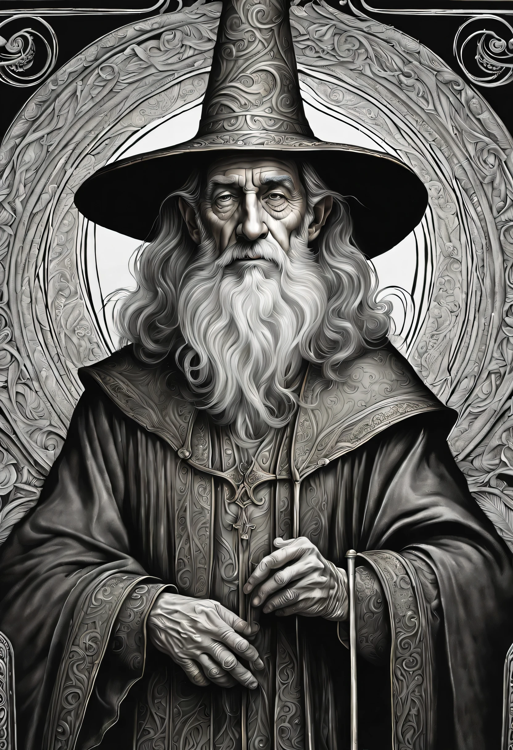 old man elf wizard of portraits, perfect balance of form and function, sharp gaze eyes, hold a wood cane, wizard hat, baroque robe, blessing light gain, wolf  around sit, RGB lighting dances across the sleek lines and intricate components, intricate detail of super illustration, creating visual masterpiece will take breath away, fine detail brush stroke of pencil, Get ready to be amazed coloring, stunning fine details and delicate mesmerizing renderings, very own custom designed, tonal contrast, natural lighting, occultism cinematic still like, inside the temple of detail dark fantasy, correct and punctuality brush stroke, highly quality,