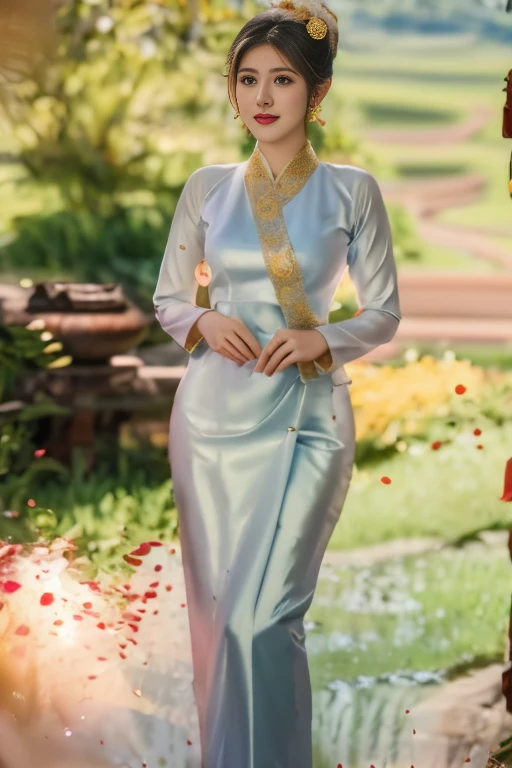 a close up of a woman in a long dress standing in a field, ao dai, in style of lam manh, sukhothai costume, traditional tai costume, soft silk dress, traditional dress, wearing ornate silk clothes, traditional clothes, south east asian with long, wearing silver silk robe, traditional beauty, vietnamese woman, traditional clothing, cheongsam