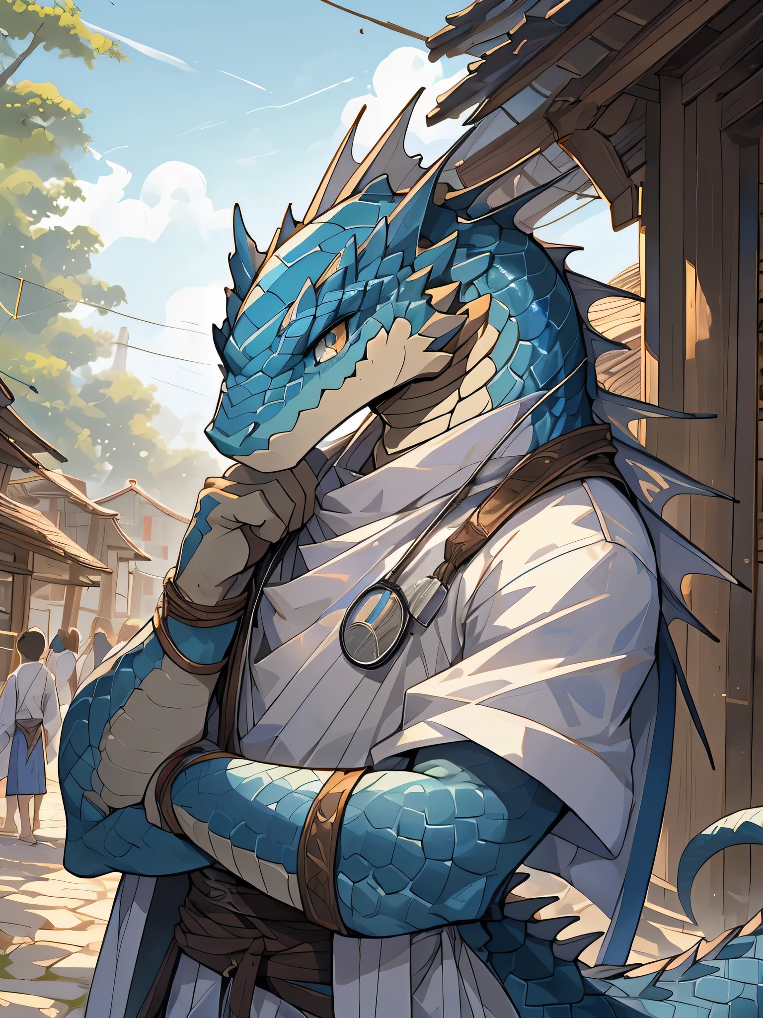 lizard, alone, Eye, Slim, ( woman:1.3), (蓝Eye anthro snake:1.3), (sea blue body scales:1.4), white belly, (cannon:1.4), scaly, 细致的Eye, ((portrait)), , (细致的Eye, 蓝Eye, 明亮的Eye:1.1), In the medieval village, He a doctor, The art of mathematics, masterpiece, anime style, Moderate