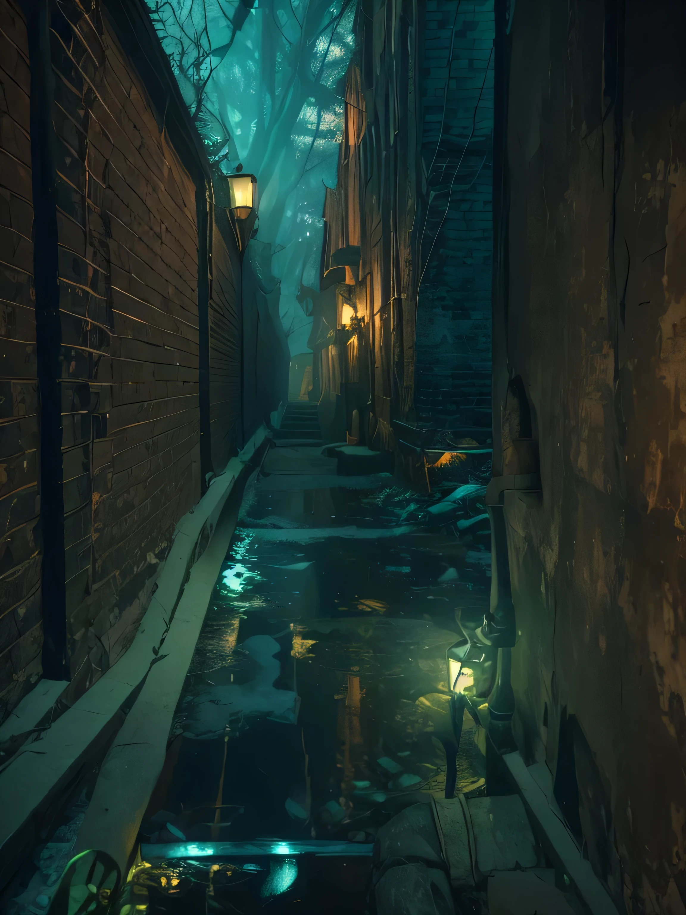 Create an atmospheric and haunting portrayal of Innsmouth village from H.P. Lovecraft's tale. Capture the essence of the eerie and unsettling atmosphere described in the story. Depict the village in a surreal and ominous manner, where the darkness seems to seep into every corner. Utilize a digital art style to bring out the unique characteristics of Innsmouth, using 3D modeling and rendering to enhance the depth and detail. Employ a cool and muted color scheme to further enhance the unsettling ambiance. Use dim and mysterious lighting to add to the sense of mystery and dread that envelops the village. The result should be a high-definition and 4K resolution illustration that transports viewers into the chilling world of Innsmouth and H.P. Lovecraft's imagination.