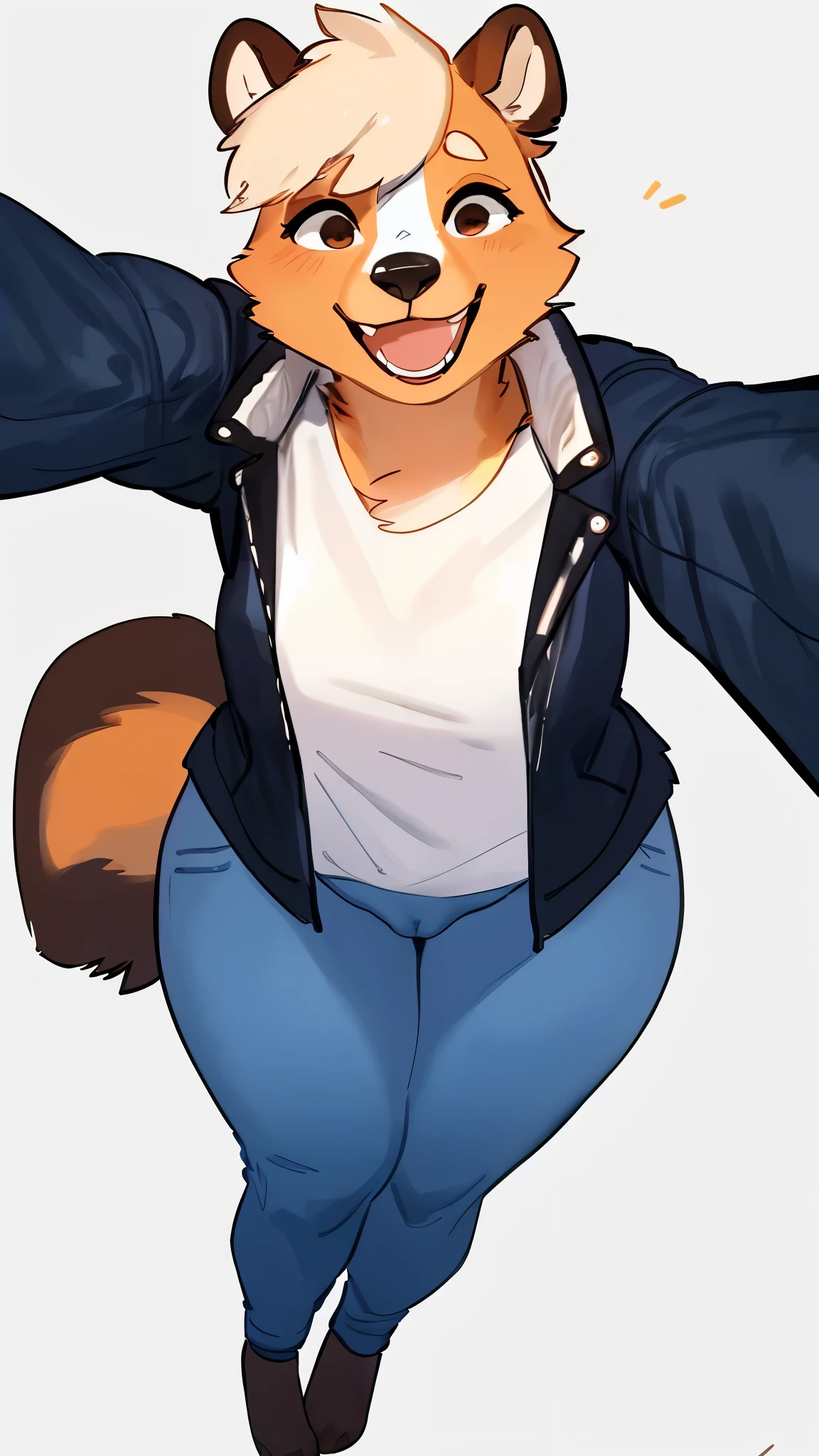 By bebebebebe, by lostgoose, by goonie-san, solo, female, skunk, happy, smiling, open mouth, excited, denim jacket, white shirt, skintight yoga pants, tail, white fur, looking over shoulder, bent over, ((view from behind)), thick thighs, cameltoe