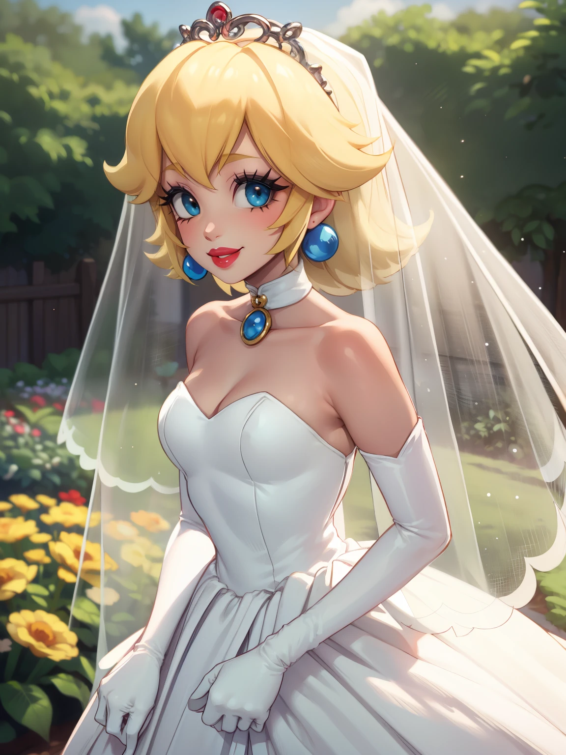 Peach Wedding Dress, blonde hair ,red lipstick, eye shadow, smiling, long white elbow gloves ,garden background 