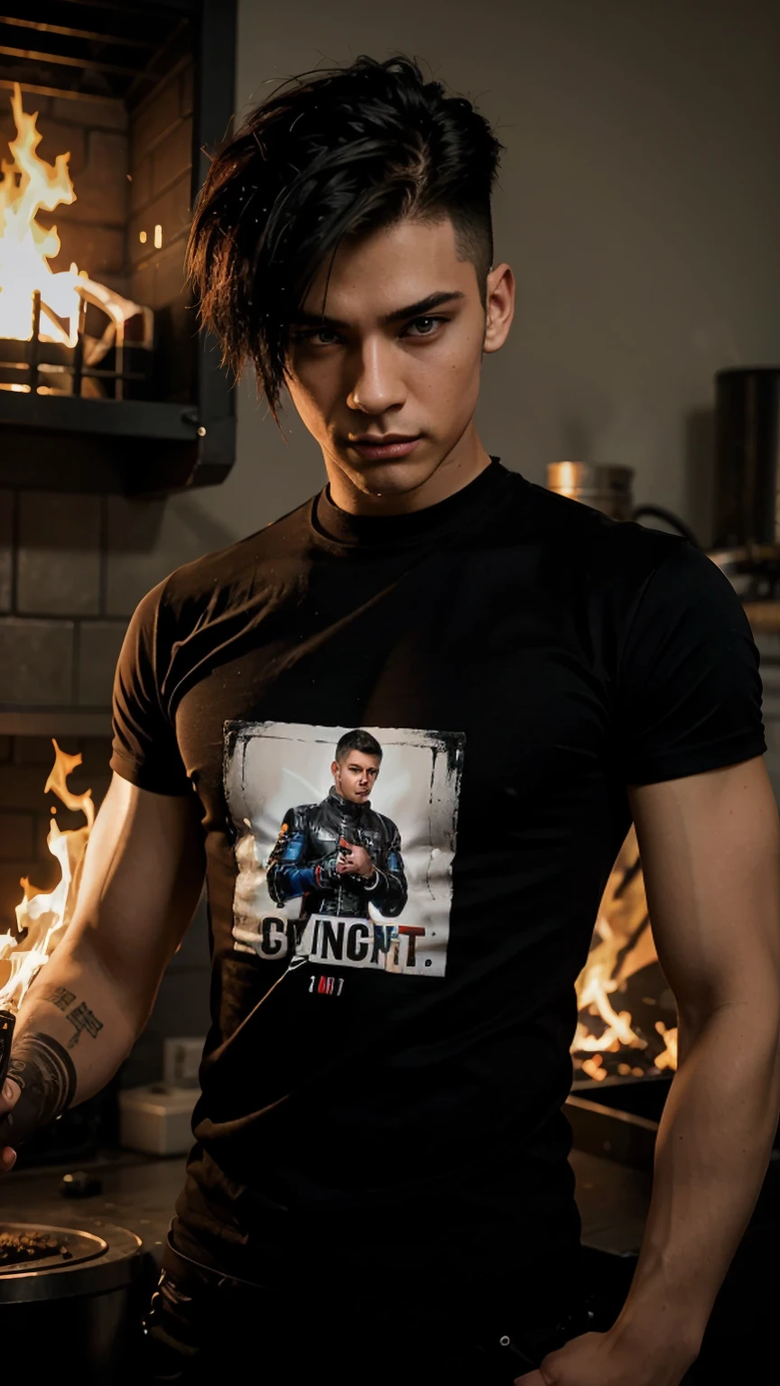 Cyber.punk handsome boy with Gun and the fire is catch his T shirt