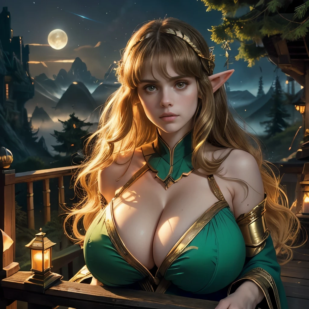 Alexandra Daddario as an elf, close-up professional photo, (head shot:1.1), (overhead view:0.9), (angled view:0.9), (lantern:0.9), (pointy ears:0.9), (nighttime:1.2), (night:1.2), (two moons:0.75), fireflies, on a balcony, moss-covered handrails, (tree house:0.9), intricate gown, JRR Tolkein, middle earth, (ancient magical forest:1.1), (mist:1.1), distant mountains, (big giant colossal massive enormous huge gigantic breasts:1.4), (oppai proportion:1.4), (top heavy:1.4), (long golden hair:1.4), very wavy hair, hair ribbons, (opal crown:0.9), (shooting star:0.75), (northern lights:0.75)
