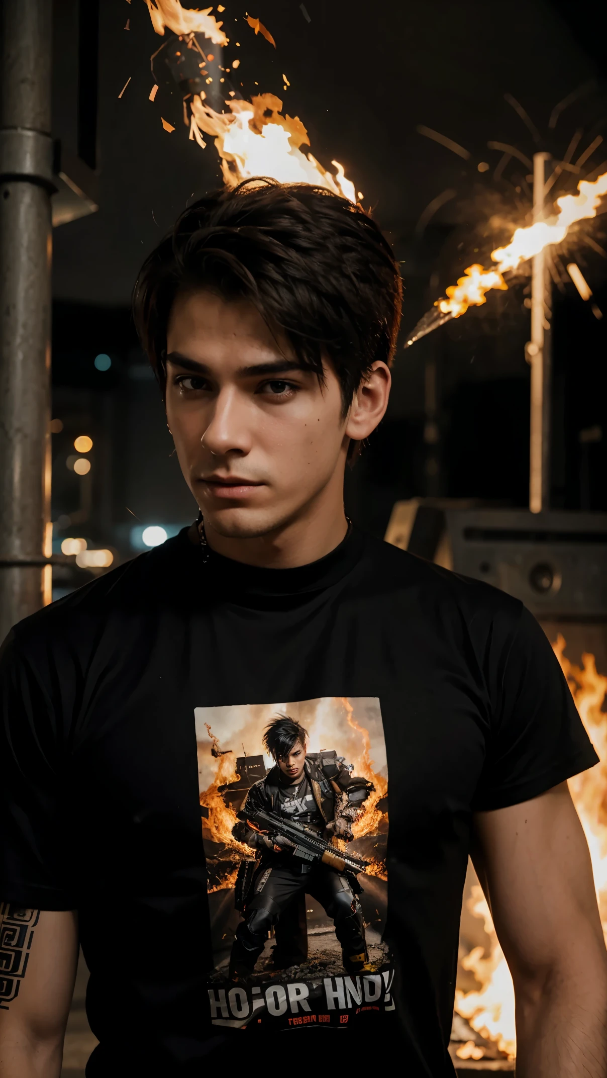 Cyber.punk handsome boy with Gun and the fire is catch his T shirt