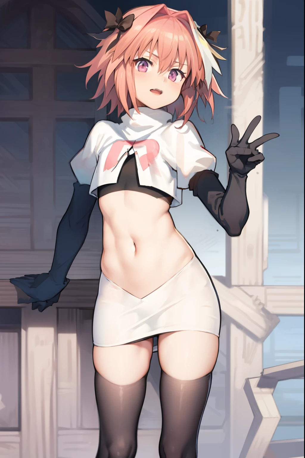 absurdres, masterpiece, best quality, (astolfo fate:1.2155), 1boy, male focus, trap, pink multicolored hair, pink hair, white hair, hair intakes, long hair, pink detailed eyes, crossdressing,1boy, team rocket,team rocket uniform, red letter R, white skirt,white crop top,black thigh-highs,black elbow gloves