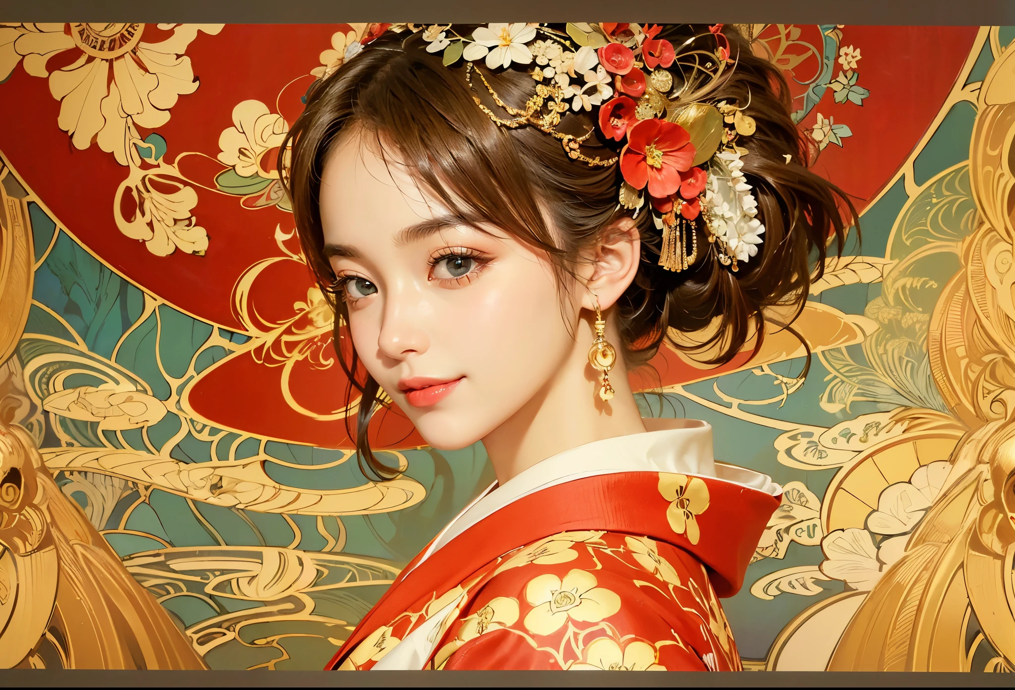 There is a woman with a red and gold dress and a flower in her hair ...