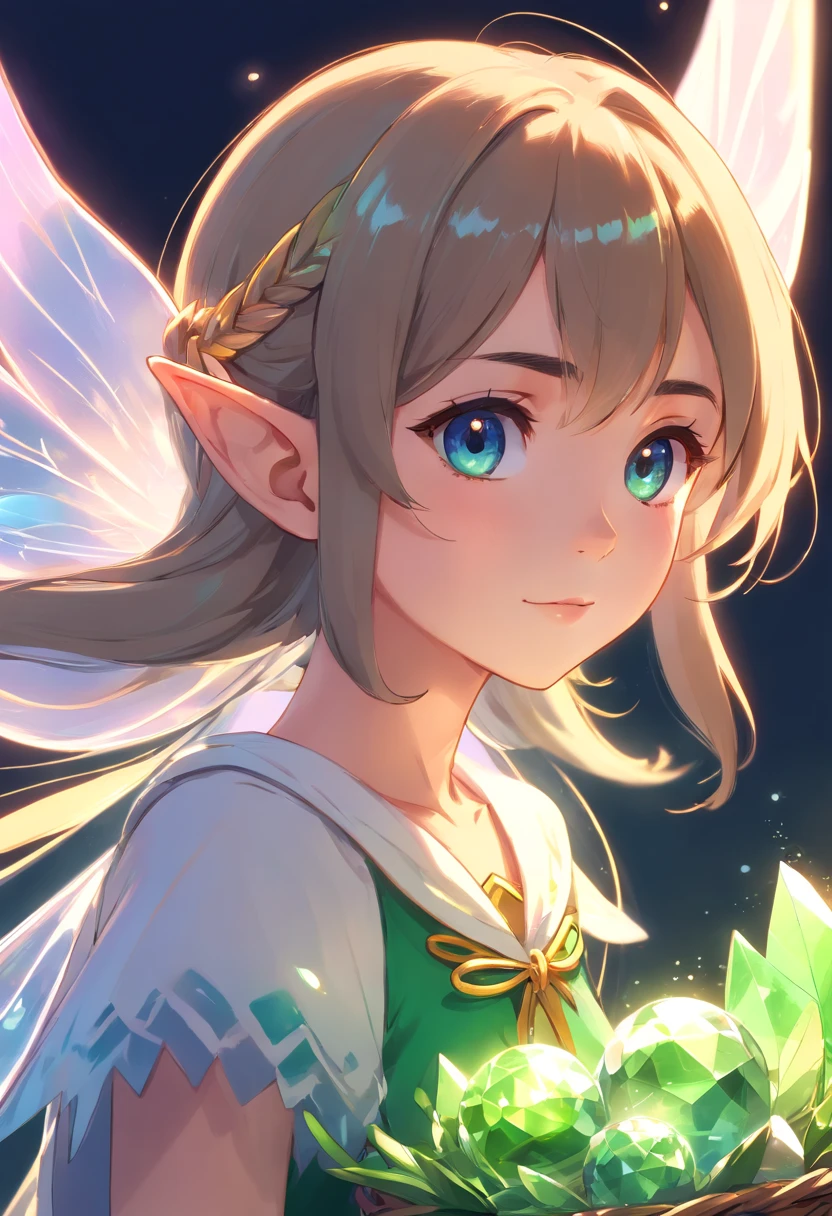 Elf portrait transparent big wings pointed ears cute elf girl shallow basket crystal costume crystal theme ethereal atmosphere science fiction art fantasy movie lighting effect masterpiece、Quality content very detailed beautiful artwork fantasy art behavior,surreal