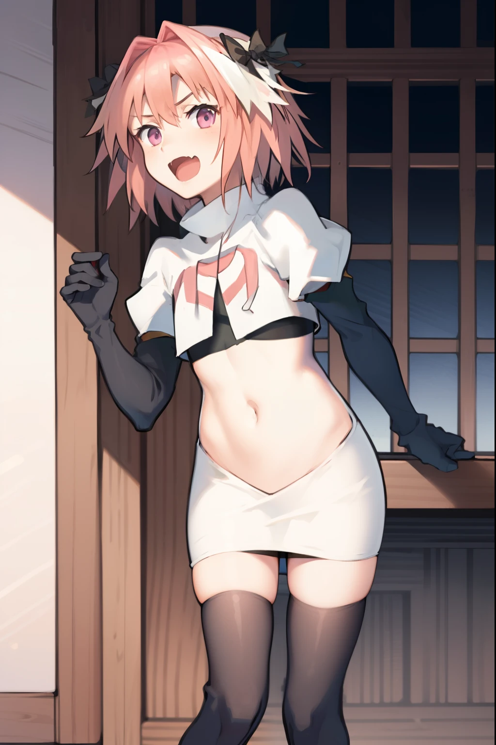 absurdres, masterpiece, best quality, (astolfo fate:1.2155), 1boy, male focus, trap, pink multicolored hair, pink hair, white hair, hair intakes, long hair, pink detailed eyes, crossdressing,1boy, team rocket,team rocket uniform, red letter R, white skirt,white crop top,black thigh-highs,black elbow gloves