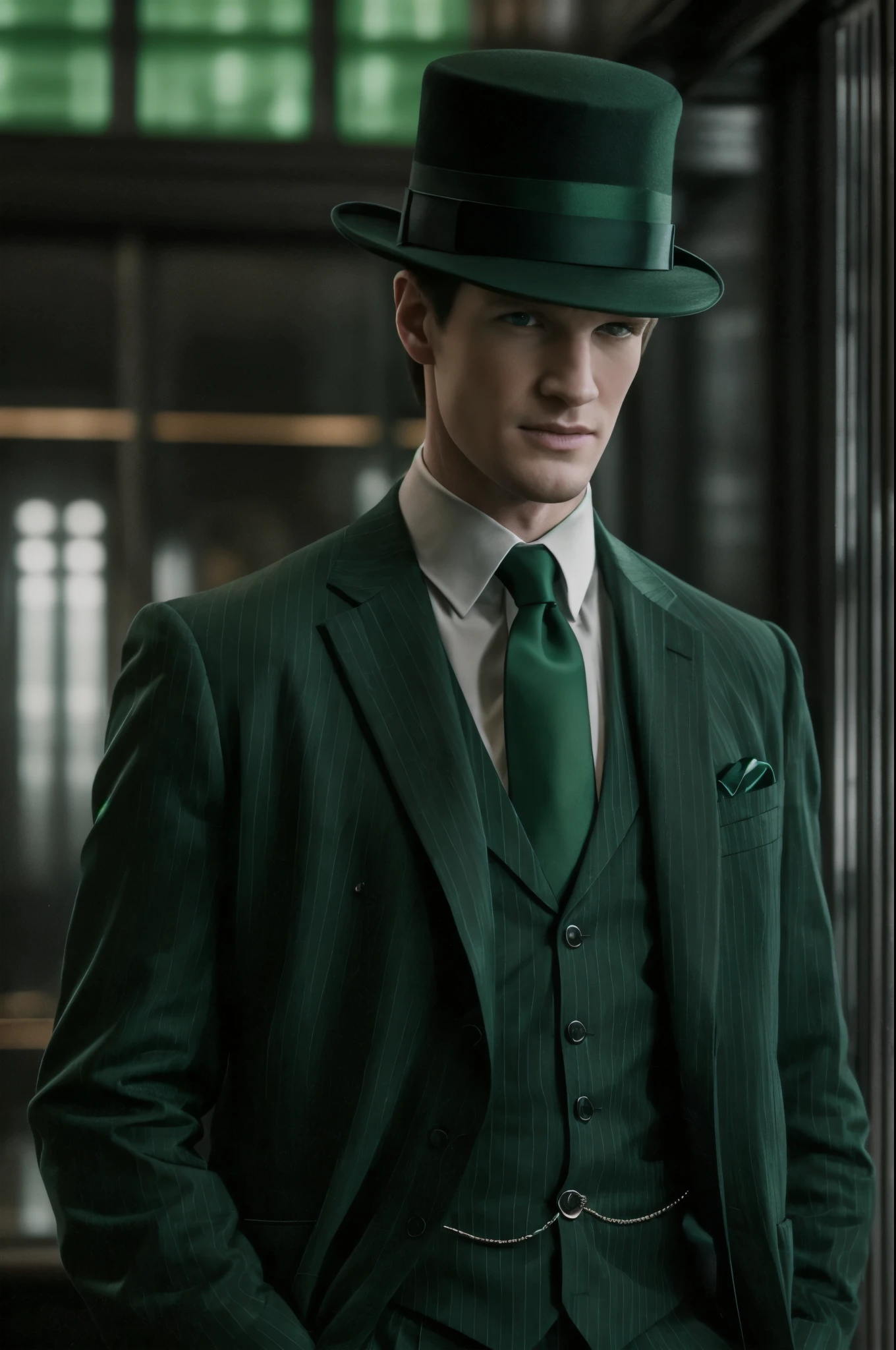 three-quarter close-up portrait of matt smith wearing a dark green business suit, dark green satin tie, green bowler's hat, dark green domino mask, in the background a luxurious gotham gothic office, floor to ceiling windows