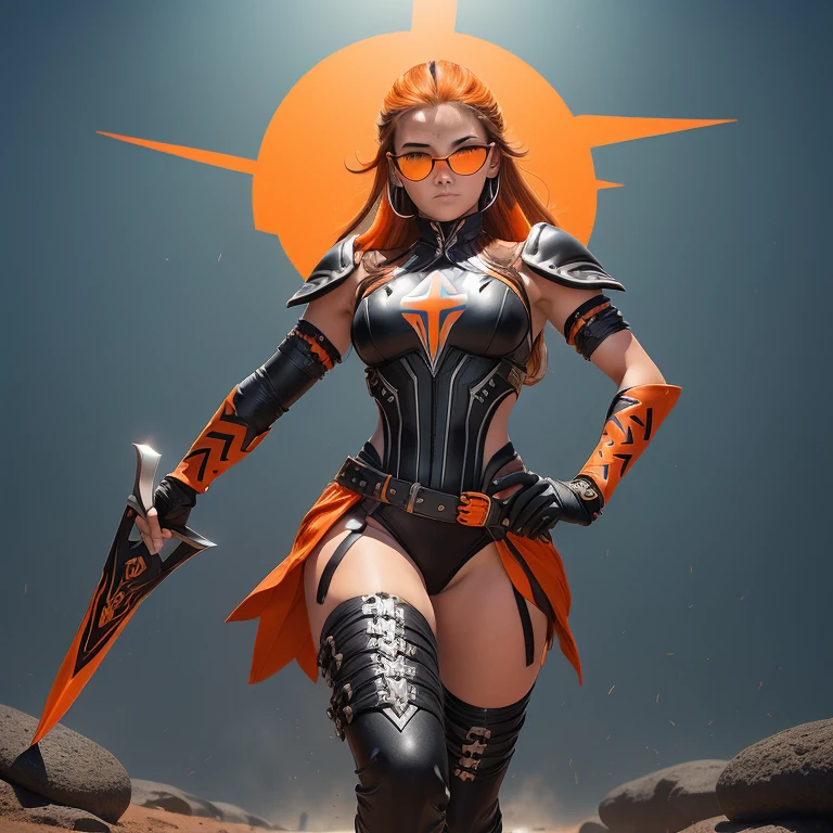 (((One character))),corpo inteiro, from head to toes, (((de corpo inteiro))), Feminino, (((Pele Escura))), Cabelo preto com Rabo de cavalo, gladiator sandals with thigh-high straps, Olhos Azuis-Claros, Round Glasses with a Lightly Dark Lens with this Lens being Red, and the Light Blue frame, ((Black Metallic Gauntlets and Greaves with Orange and Silver Highlights)), (((As Roupas tem uma Mistura de Moderno e Tribal))), tendo em sua Maioria a Cor Preta, mas tendo Partes em Laranja, Shoulders on Display, On the Hip, a Short that extends to Half the Thigh in black.