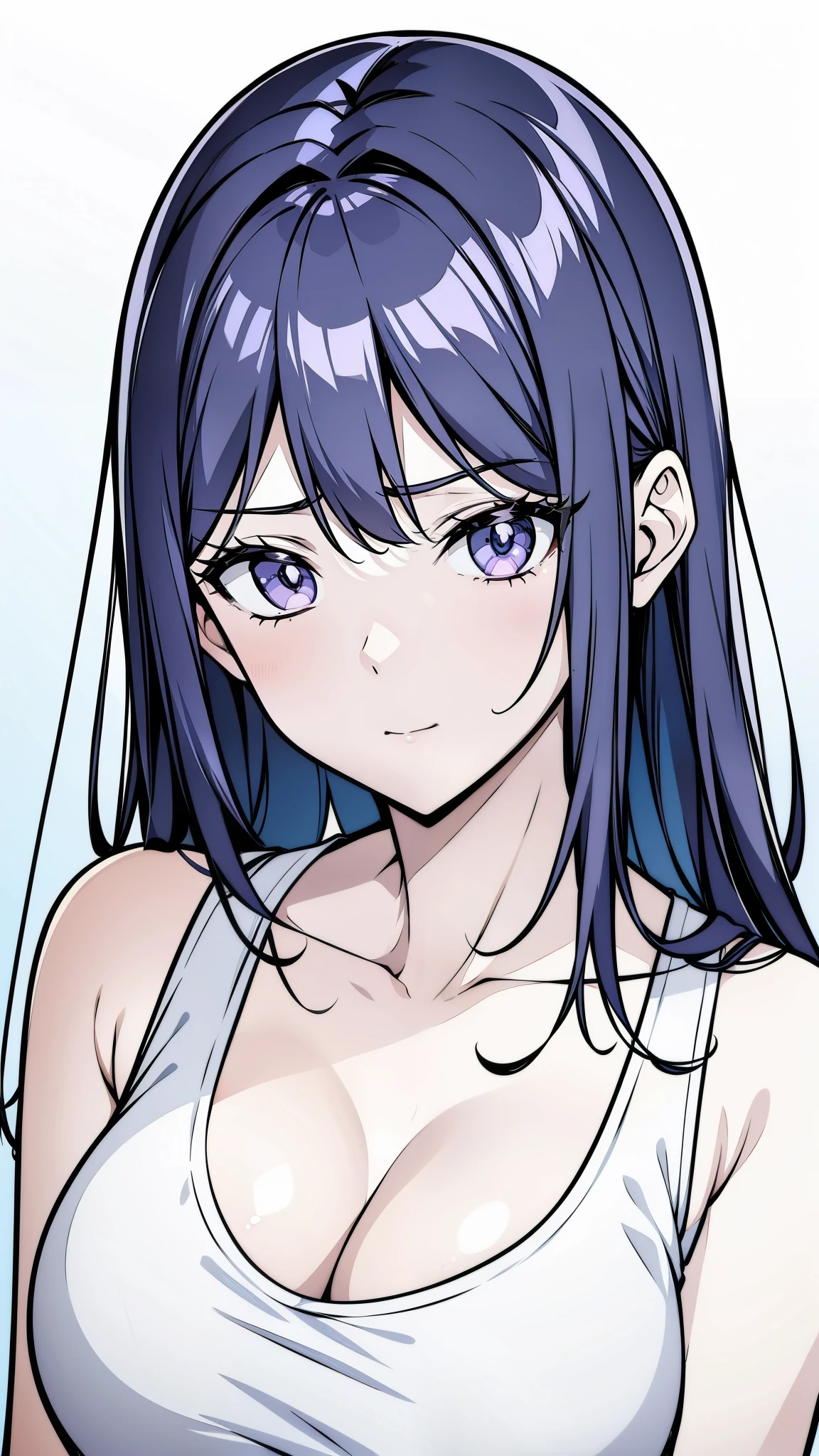 {8k image}, 1beautiful korean woman, 23 years old, dark purple eyes, short white hair combed back, medium breasts, wearing a tank top with an open beach shirt (white clothes), looking at the viewer seriously, face and body centered forward, focus on the face and breasts, {close-up of face and chest}, blue background, manhwa art style, wind breaker manhwa art style