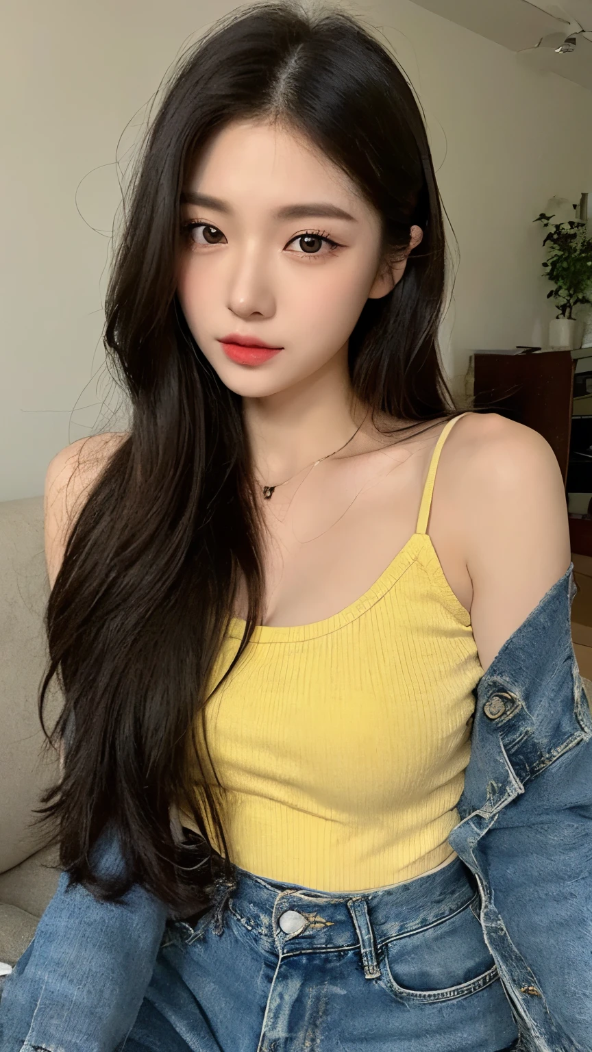 (Masterpiece, best resolution: 1.2), ((illustration), (extremely detailed), (best illustration),1girl,yellow singlet top, long jeans pants,white background, (far shoot), (((front shoot))),(best quality), (super detailed), (masterpiece), (detailed face), realistic 1 girl with a perfect figure, asians girl, chinese girl, full body, living room, light make up, white top, eyes look front, small eyes, double eyelid