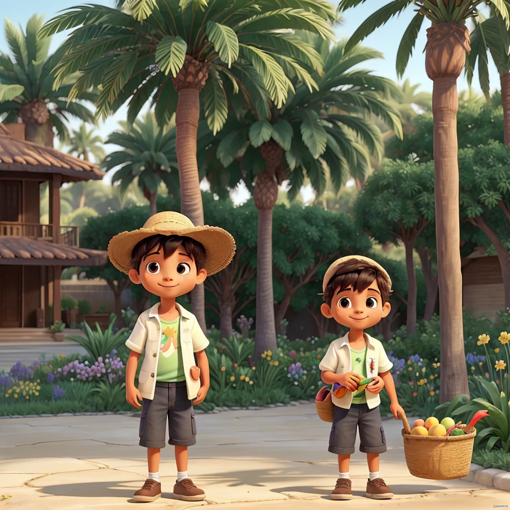 pintura feita em estilo aquarela, onde podemos ver um jardim encantador, with a little gardener boy taking care of various plants, He is portrayed as a baby, Feito em estilo desenho de cartoon, with appropriate gardening clothes and a straw hat, O garotinho sorri enquanto cuida das plantas com carinho, Ao fundo, there are several majestic date palm trees, cheia de frutos maduros e suculentos, O menininho segura uma cesta cheia desses frutos, que ele colheu com orgulho, the boy is on a path with a dirt floor, The image is made in watercolor, com cores vibrantes e suaves, conveying a sense of tranquility and harmony, The plants have bright colors coming from the flowers around the garden, the different varieties of plants that the boy is taking care of and even some friendly animals that are nearby, like butterflies or birds. The boy is cheerful while holding the basket full of fruits, The ripe fruits of the date palm and how they add a touch of color and abundance to the garden, Use the watercolor technique used to create the image, highlighting the soft brushstrokes and translucent colors that bring the scene to life.